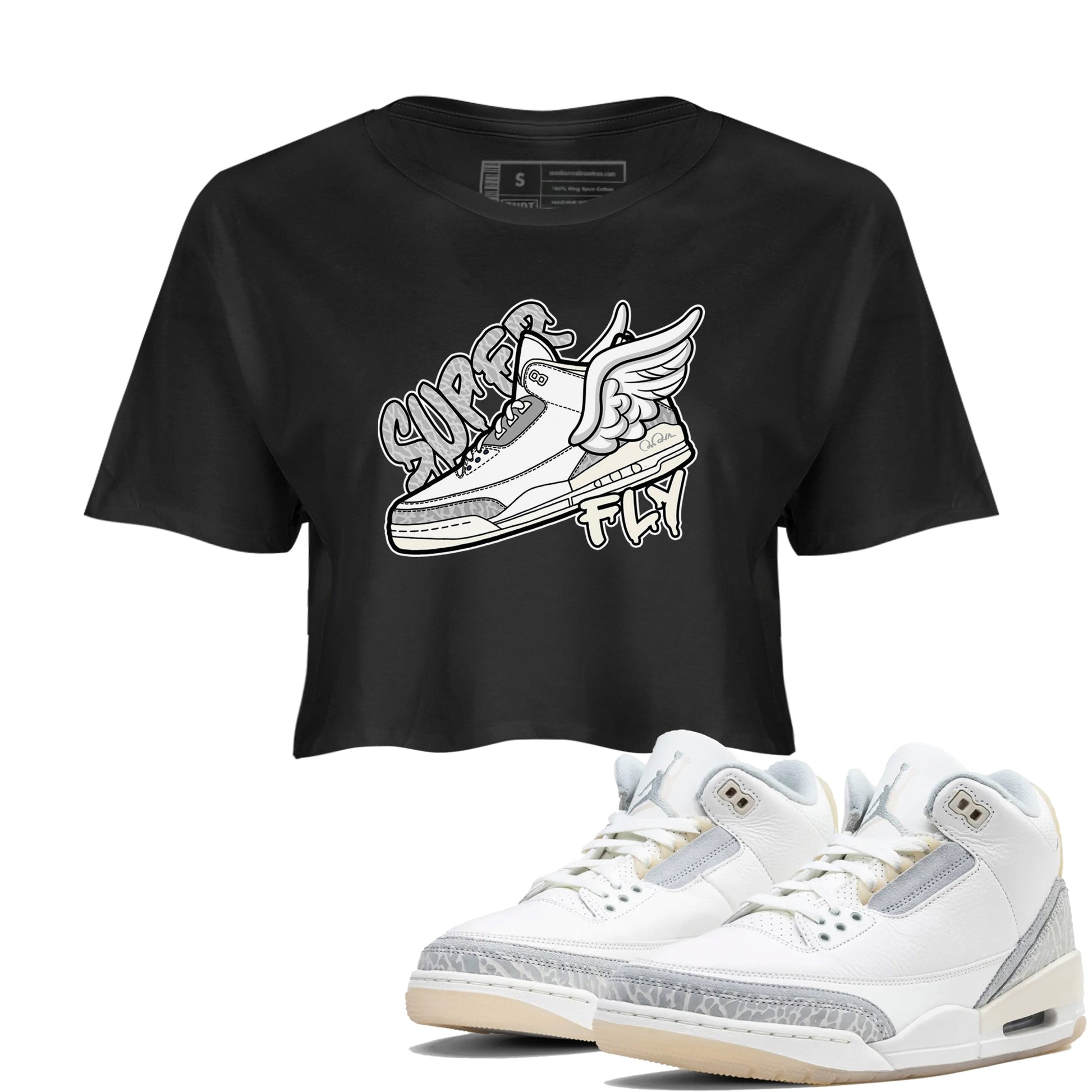 3s Ivory shirt to match jordans Super Fly sneaker tees Air Jordan 3 Ivory SNRT Sneaker Release Tees Black 1 crop length shirt