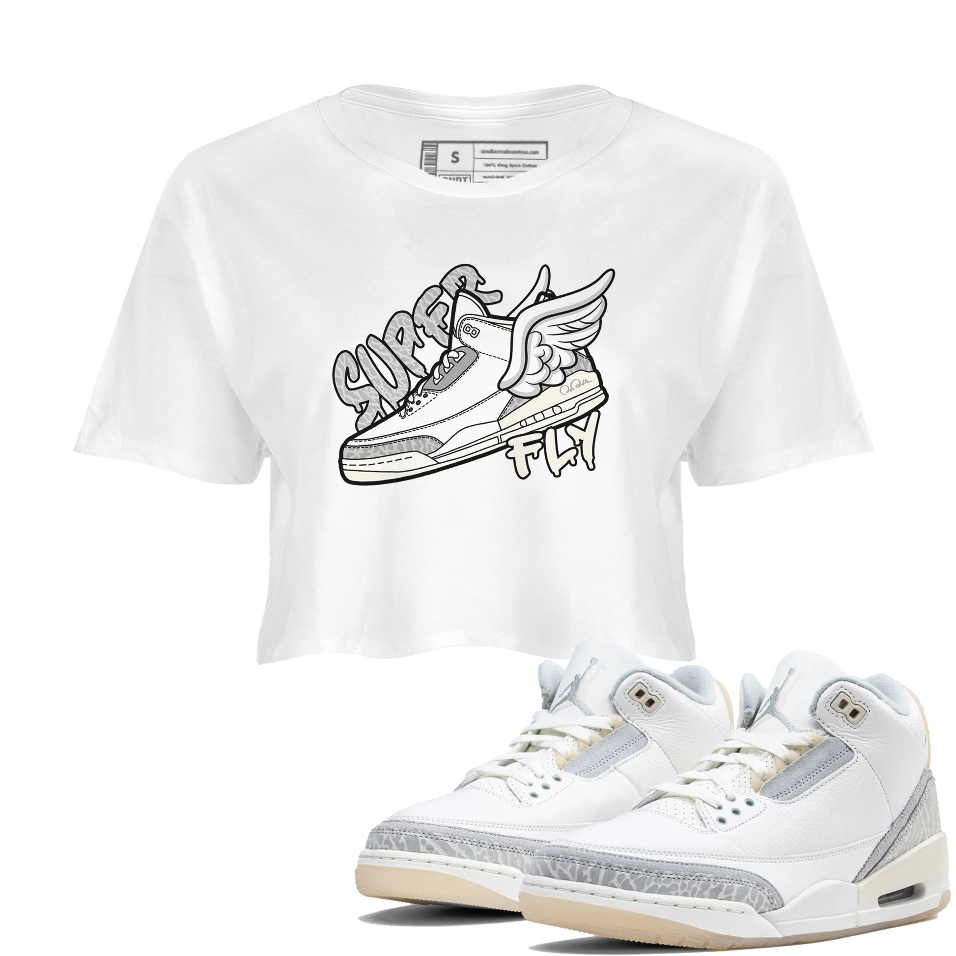 3s Ivory shirt to match jordans Super Fly sneaker tees Air Jordan 3 Ivory SNRT Sneaker Release Tees White 1 crop length shirt