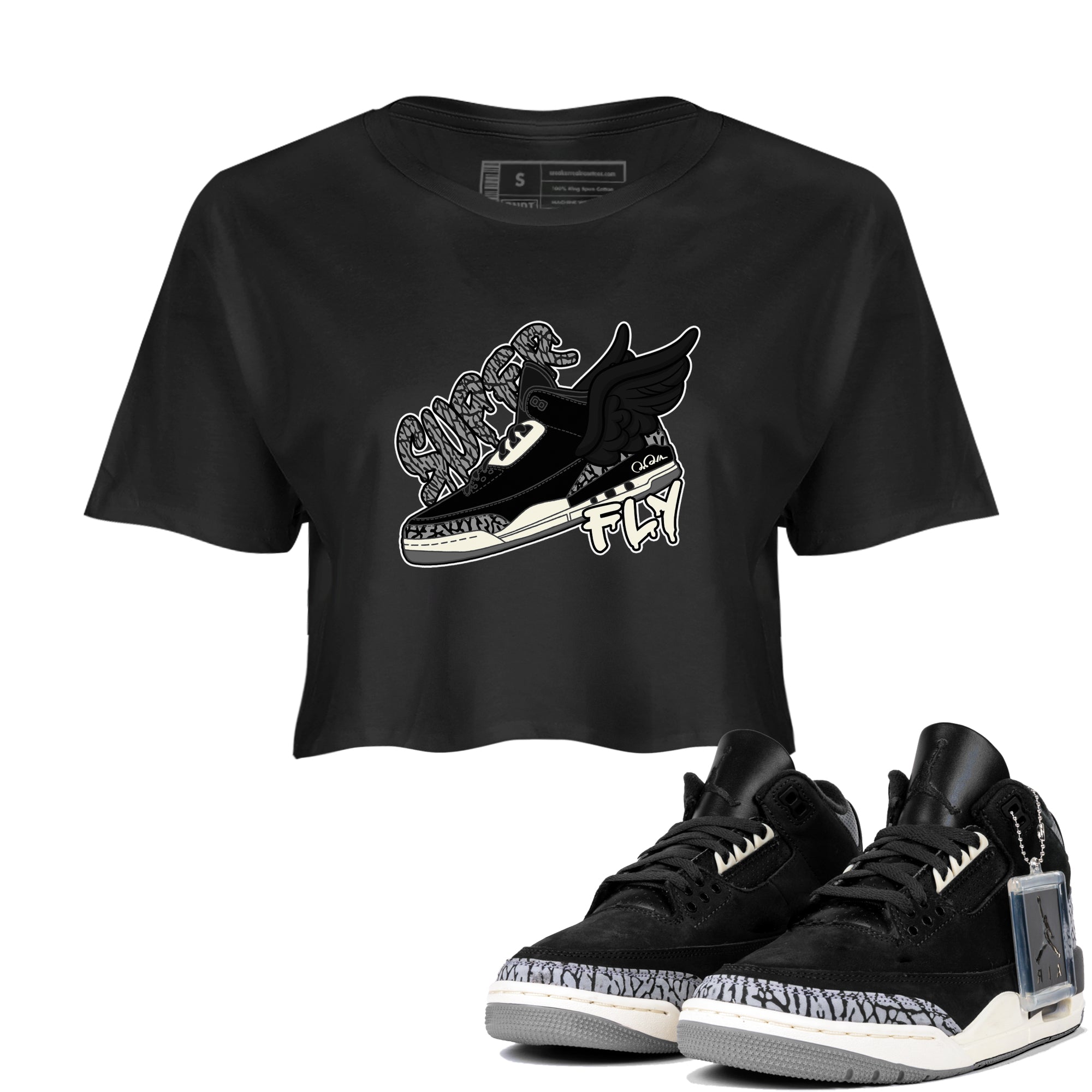 Air Jordan 3 Off Noir shirt to match jordans Super Fly sneaker tees AJ3 Off Noir SNRT Sneaker Release Tees Black 1 Crop T-Shirt