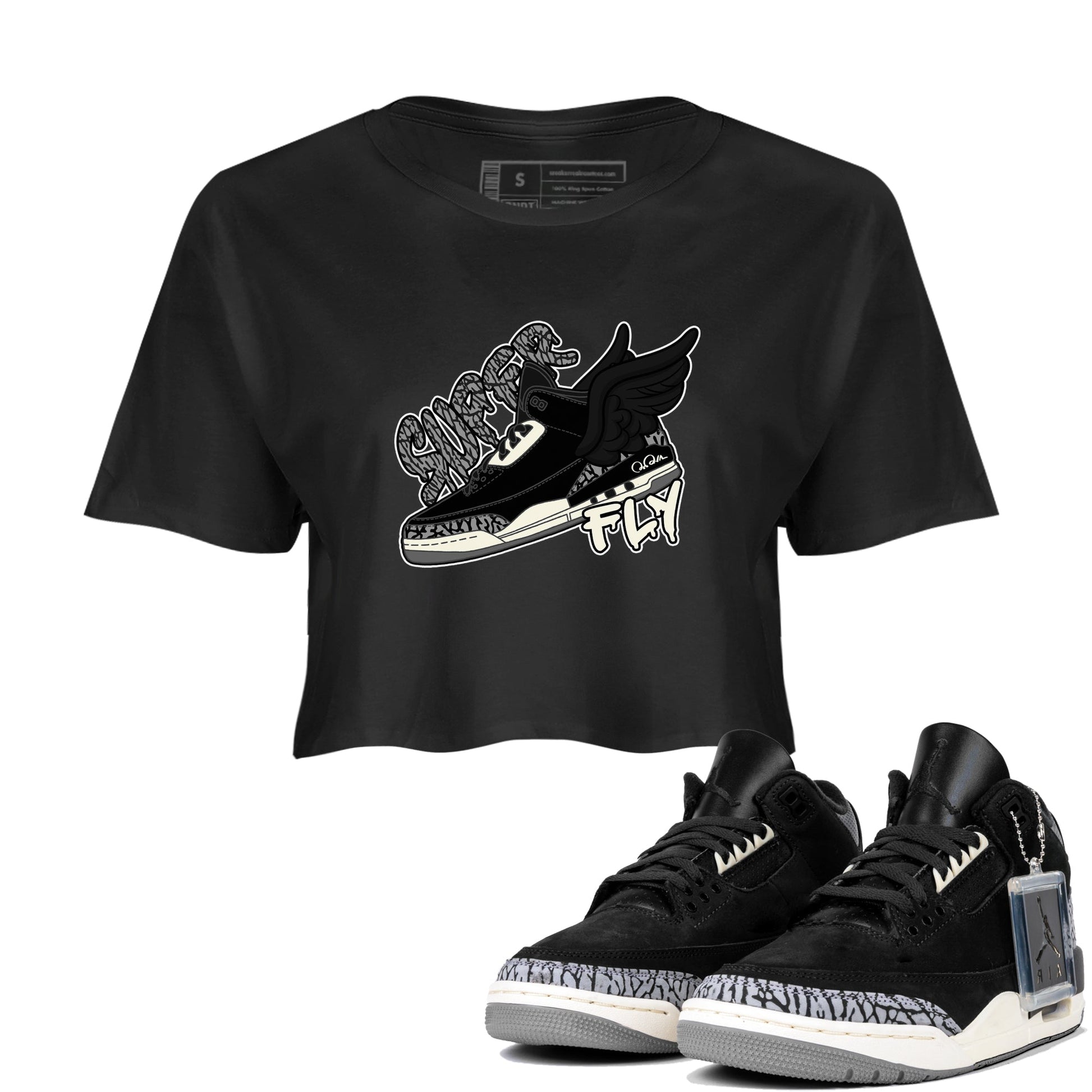 Air Jordan 3 Off Noir shirt to match jordans Super Fly sneaker tees AJ3 Off Noir SNRT Sneaker Release Tees Black 1 Crop T-Shirt