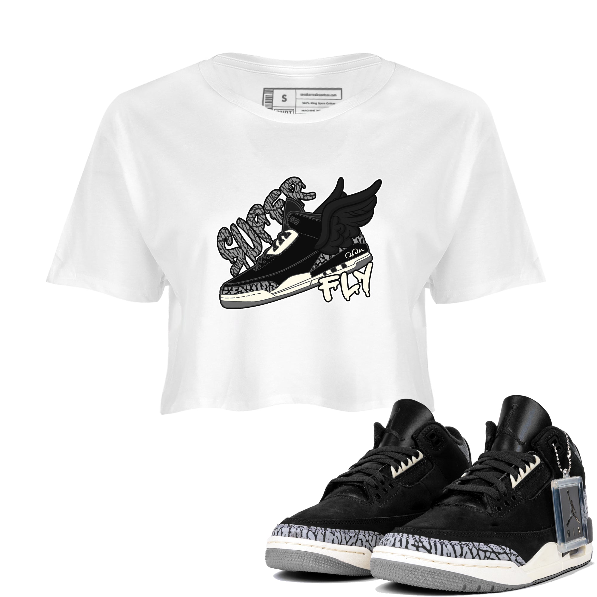 Air Jordan 3 Off Noir shirt to match jordans Super Fly sneaker tees AJ3 Off Noir SNRT Sneaker Release Tees White 1 Crop T-Shirt