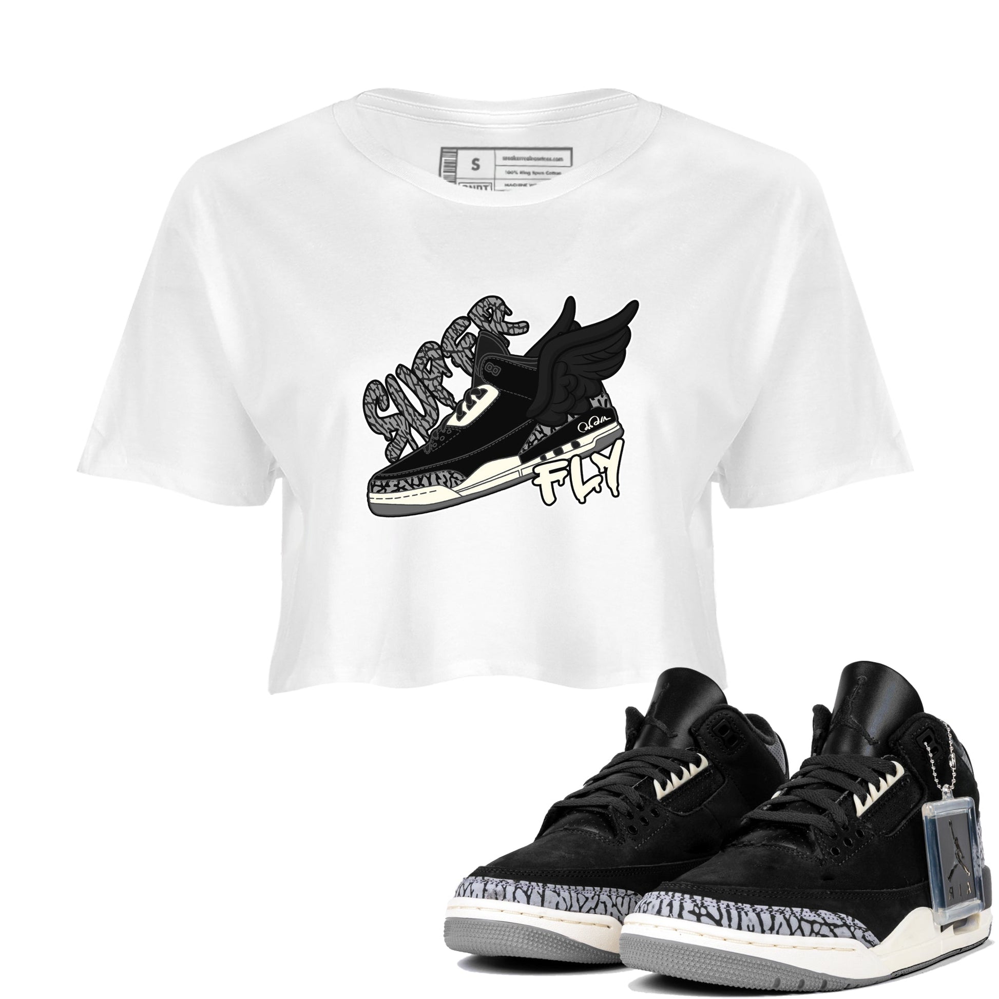Air Jordan 3 Off Noir shirt to match jordans Super Fly sneaker tees AJ3 Off Noir SNRT Sneaker Release Tees White 1 Crop T-Shirt