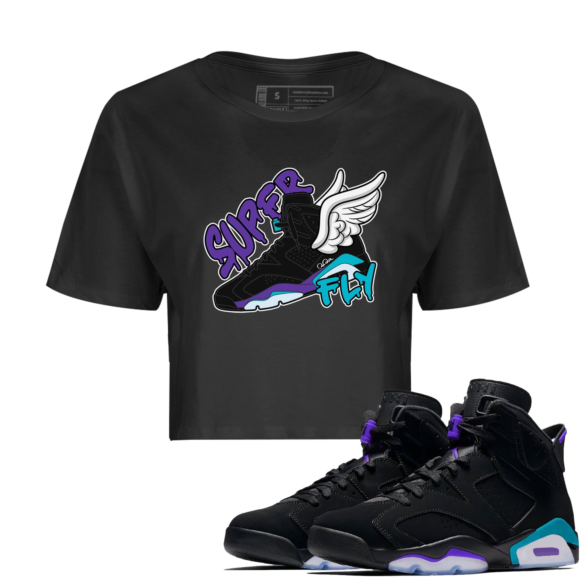 Air Jordan 6 Aqua Sneaker Match Tees Super Fly Sneaker Tees AJ6 Aqua Sneaker Release Tees Women's Shirts Black 1