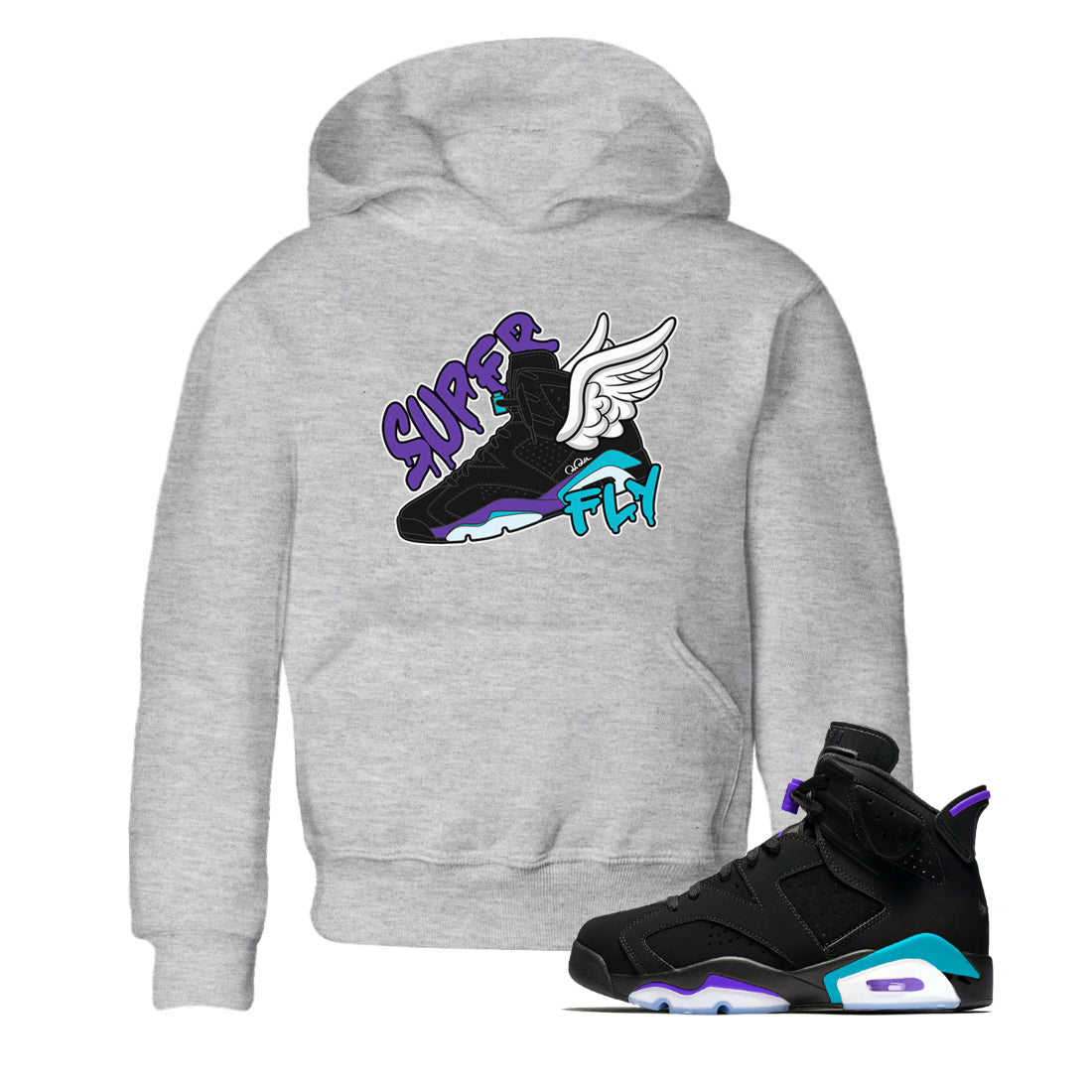 Air Jordan 6 Aqua Sneaker Match Tees Super Fly Sneaker Tees AJ6 Aqua Sneaker Release Tees Kids Shirts Heather Grey 1