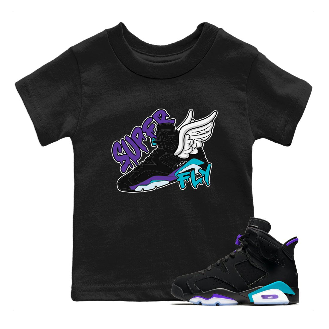 Air Jordan 6 Aqua Sneaker Match Tees Super Fly Sneaker Tees AJ6 Aqua Sneaker Release Tees Kids Shirts Black 1