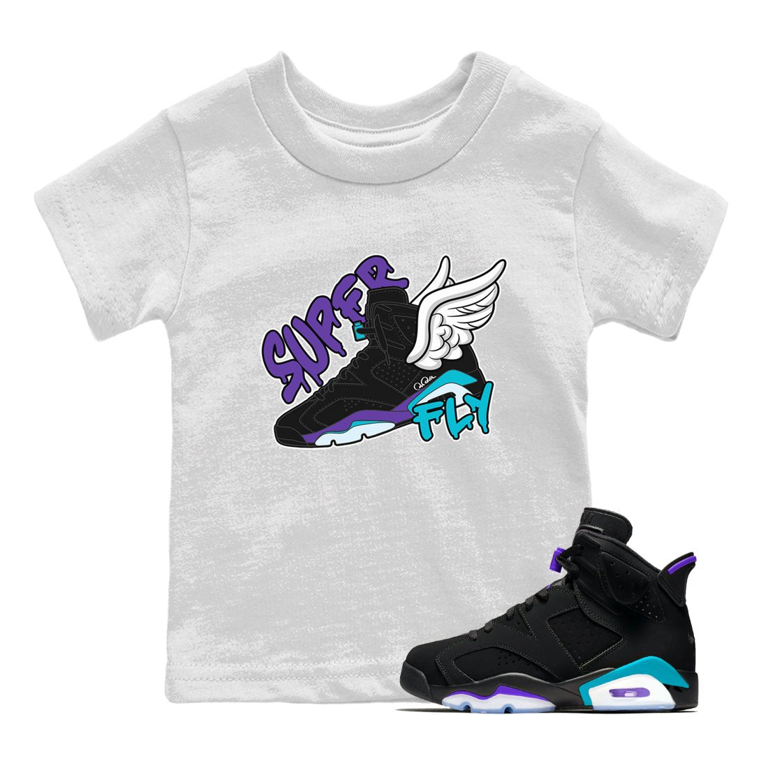 Air Jordan 6 Aqua Sneaker Match Tees Super Fly Sneaker Tees AJ6 Aqua Sneaker Release Tees Kids Shirts White 1