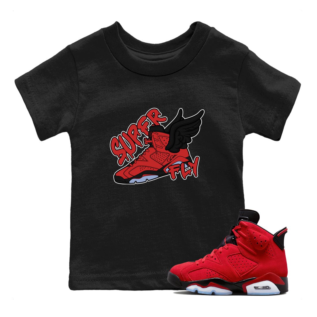 Air Jordan 6 Toro Bravo Sneaker Match Tees Super Fly Sneaker Tees AJ6 Toro Bravo Sneaker Release Tees Kids Shirts Black 1