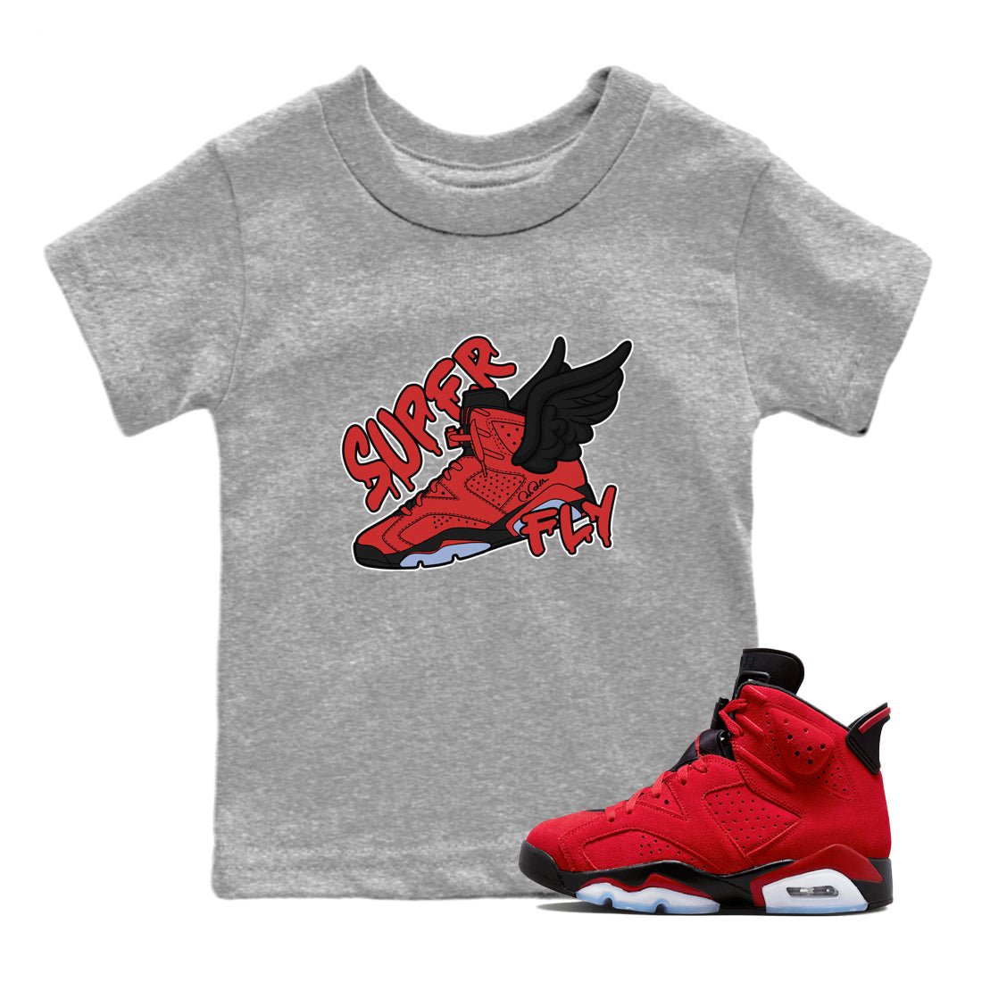 Air Jordan 6 Toro Bravo Sneaker Match Tees Super Fly Sneaker Tees AJ6 Toro Bravo Sneaker Release Tees Kids Shirts Heather Grey 1