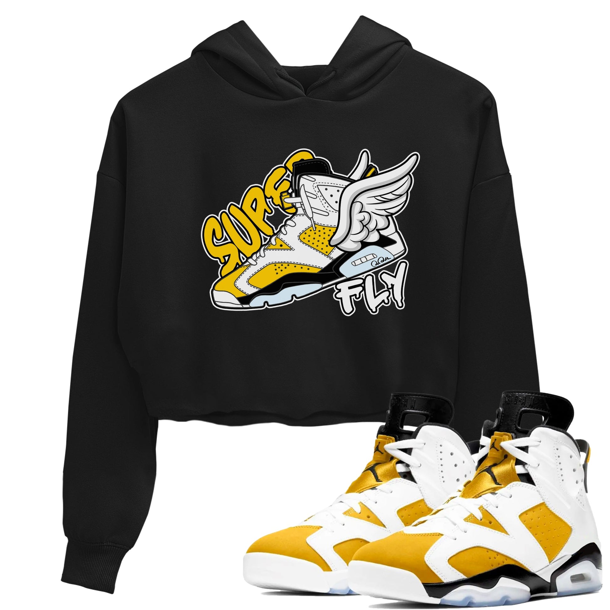 Air Jordan 6 Yellow Ochre shirt to match jordans Super Fly sneaker tees AJ6 Yellow Ochre SNRT Sneaker Release Tees Black 1 Crop T-Shirt