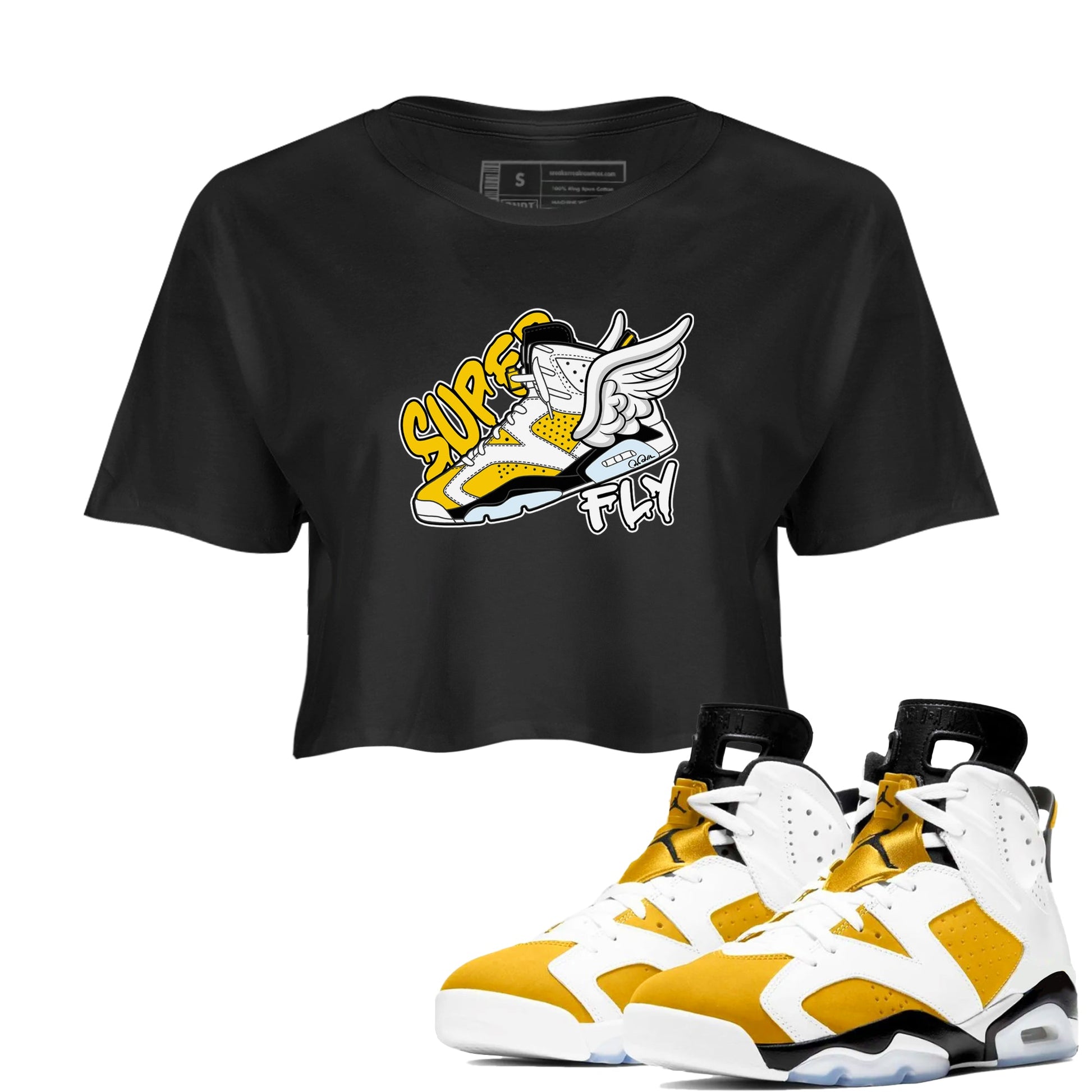 Air Jordan 6 Yellow Ochre shirt to match jordans Super Fly sneaker tees AJ6 Yellow Ochre SNRT Sneaker Release Tees Black 1 Crop T-Shirt