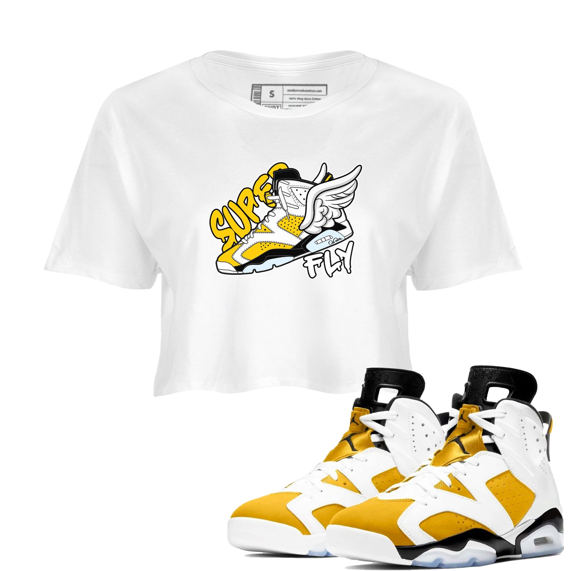 Air Jordan 6 Yellow Ochre shirt to match jordans Super Fly sneaker tees AJ6 Yellow Ochre SNRT Sneaker Release Tees White 1 Crop T-Shirt