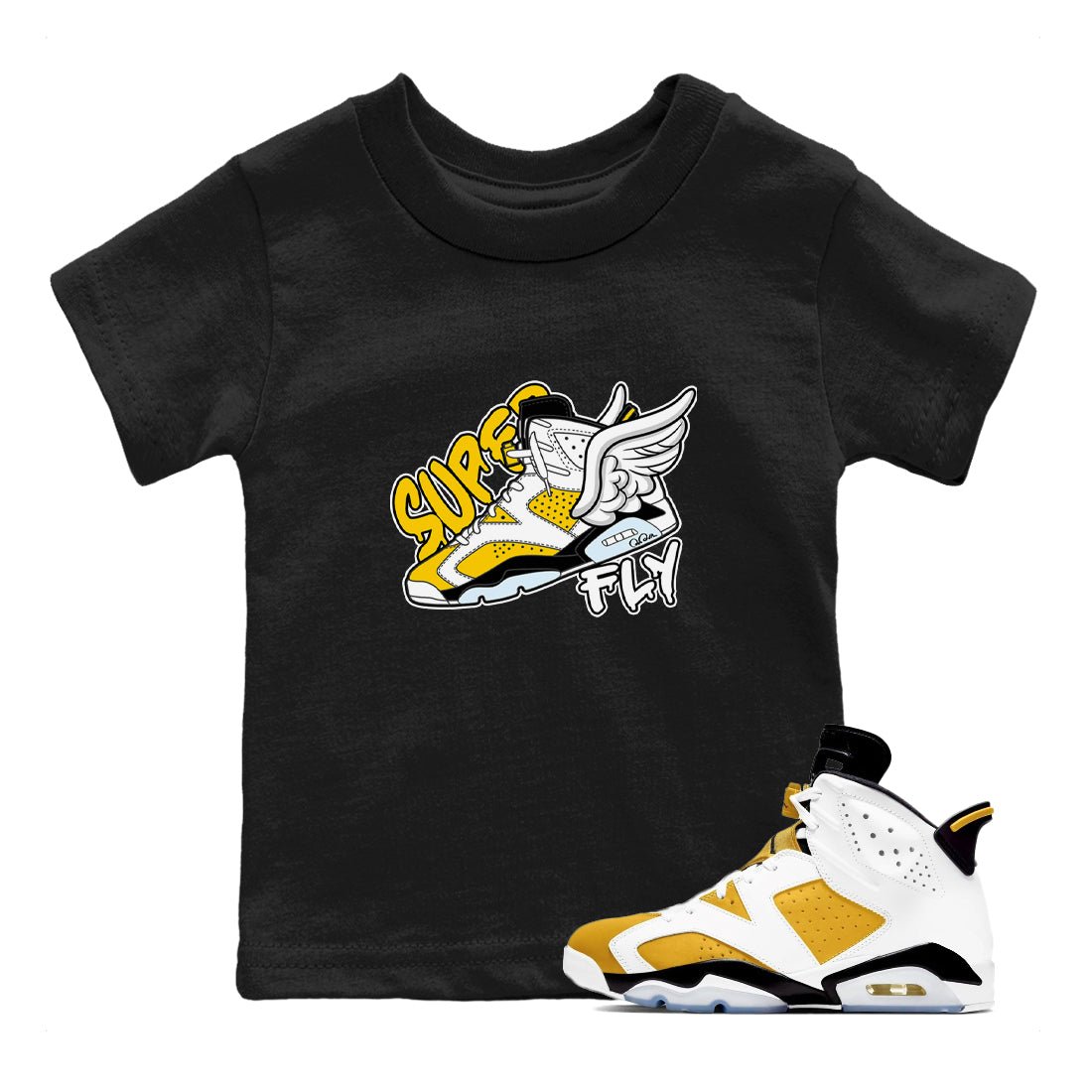 Air Jordan 6 Yellow Ochre shirt to match jordans Super Fly sneaker tees AJ6 Yellow Ochre SNRT Sneaker Release Tees Baby Toddler Black 1 T-Shirt