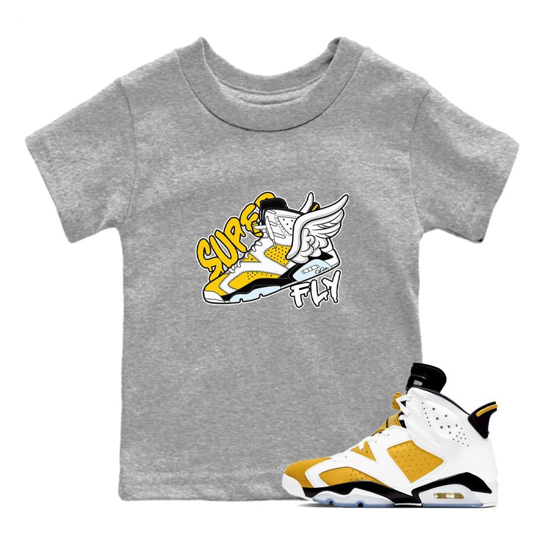 Air Jordan 6 Yellow Ochre shirt to match jordans Super Fly sneaker tees AJ6 Yellow Ochre SNRT Sneaker Release Tees Baby Toddler Heather Grey 1 T-Shirt