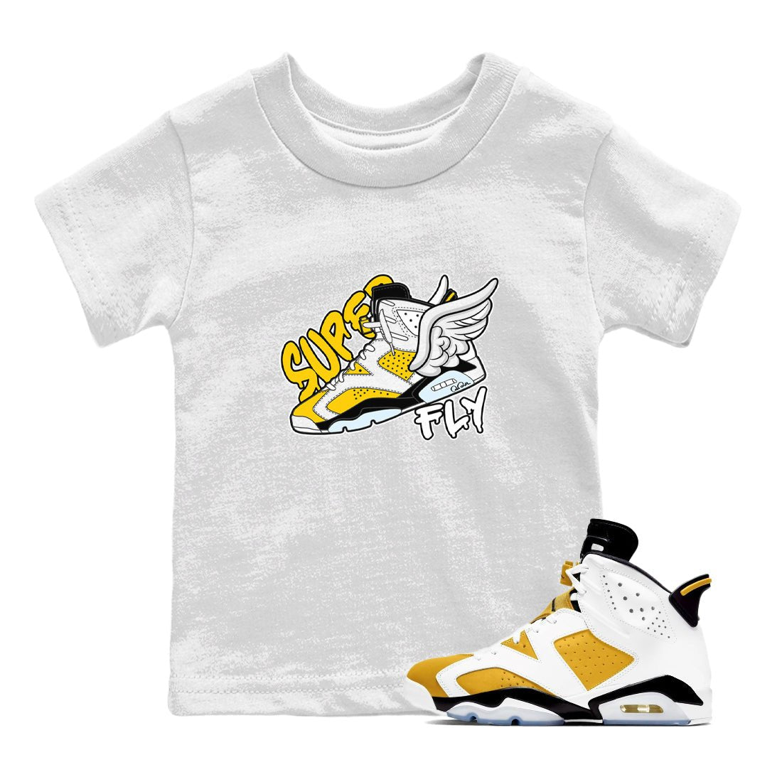 Air Jordan 6 Yellow Ochre shirt to match jordans Super Fly sneaker tees AJ6 Yellow Ochre SNRT Sneaker Release Tees Baby Toddler White 1 T-Shirt