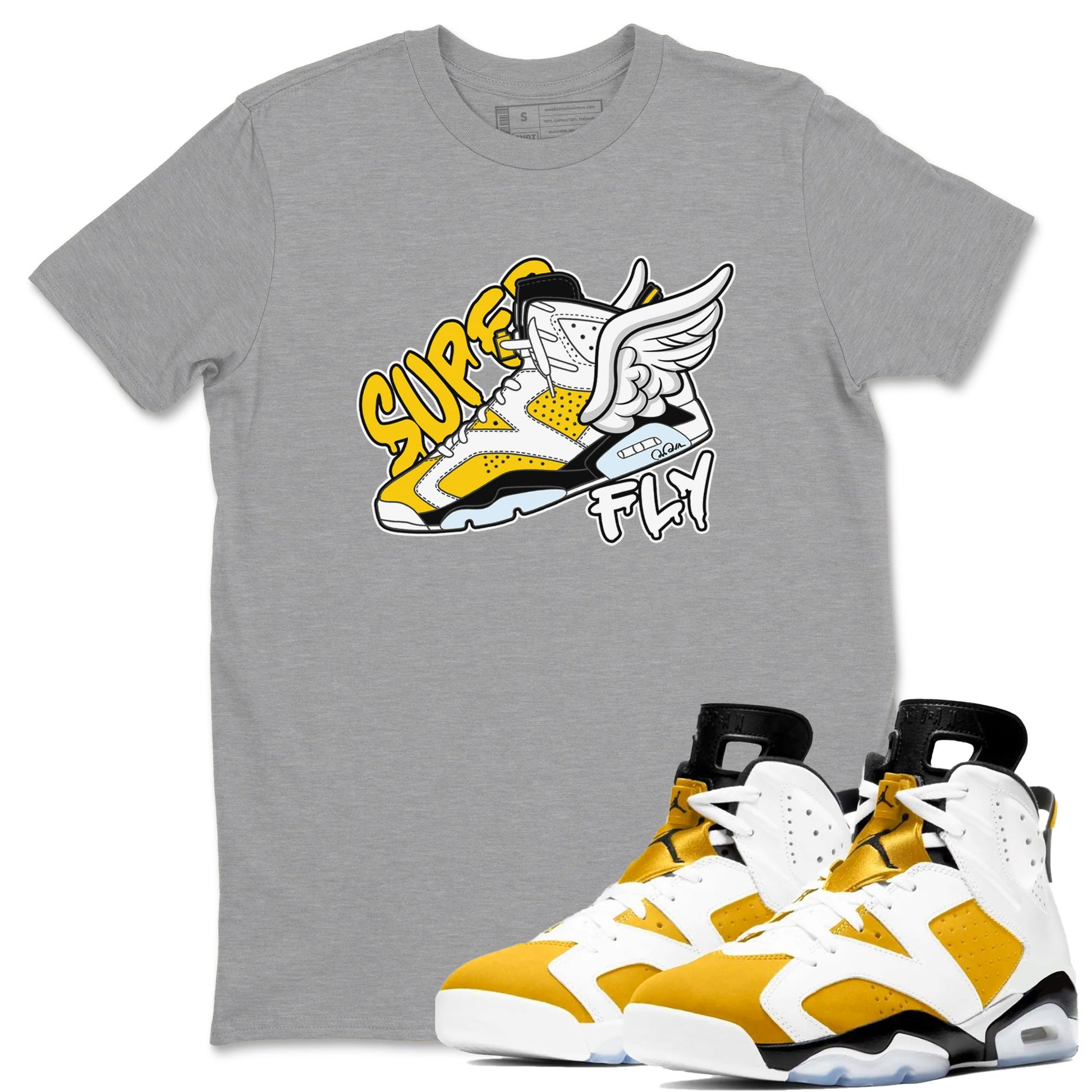 Air Jordan 6 Yellow Ochre shirt to match jordans Super Fly sneaker tees AJ6 Yellow Ochre SNRT Sneaker Release Tees Unisex Heather Grey 1 T-Shirt