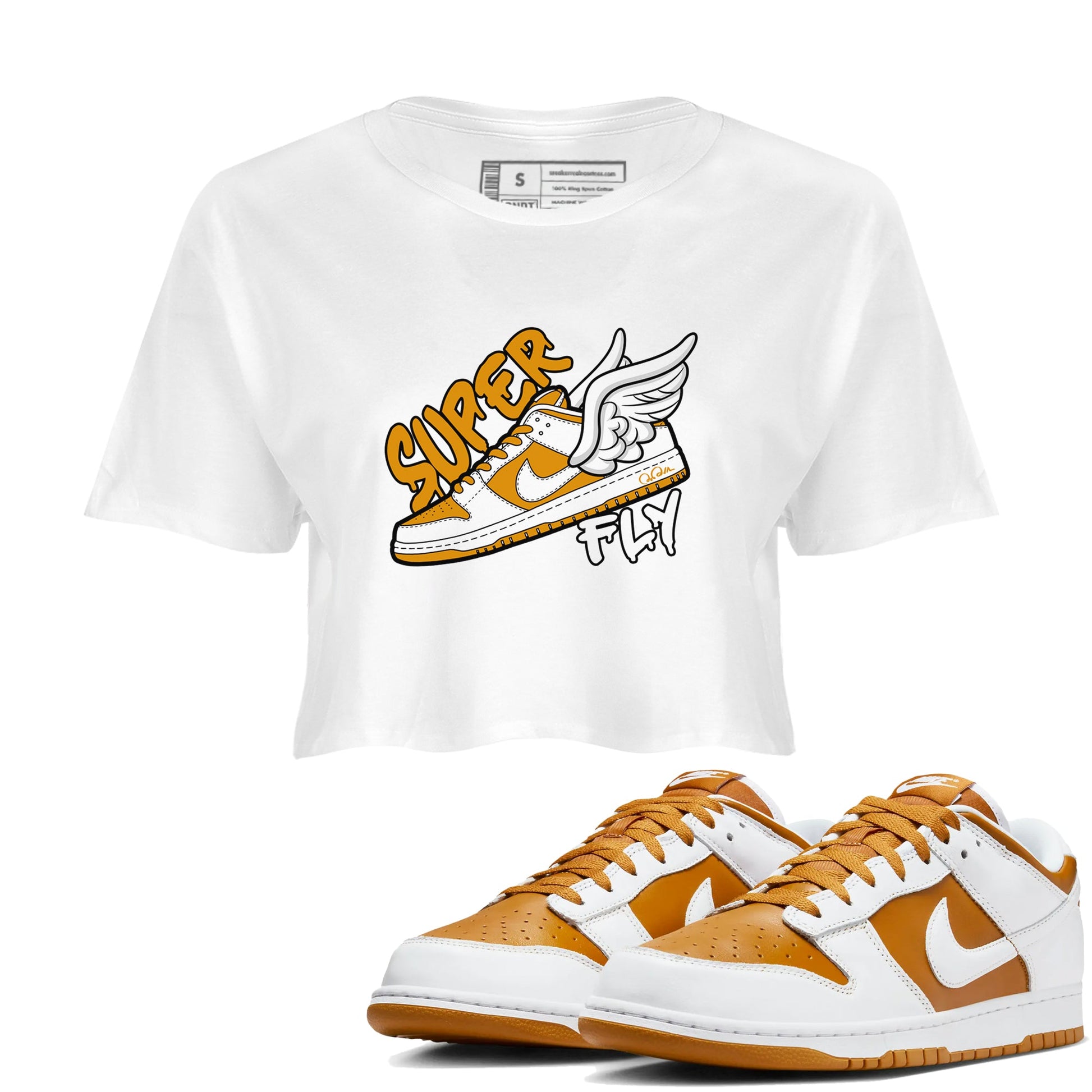 Dunk Dark Curry shirt to match jordans Super Fly sneaker tees AJ1 Low Dark Curry SNRT Sneaker Release Tees White 1 crop length shirt