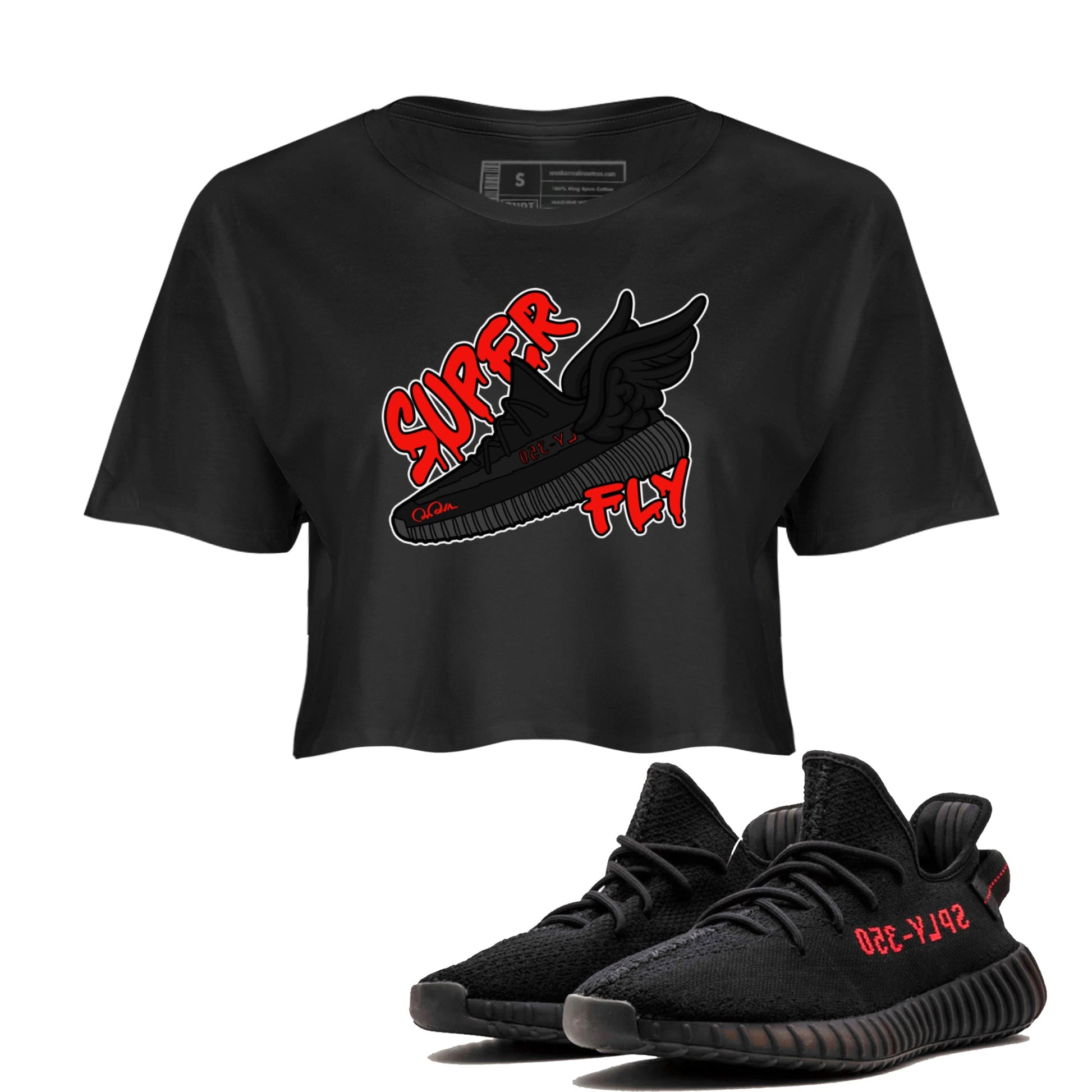Yeezy 350 Bred shirt to match jordans Super Fly sneaker tees Adidas Yeezy Boost V2 350 Bred SNRT Sneaker Release Tees Black 1 Crop T-Shirt