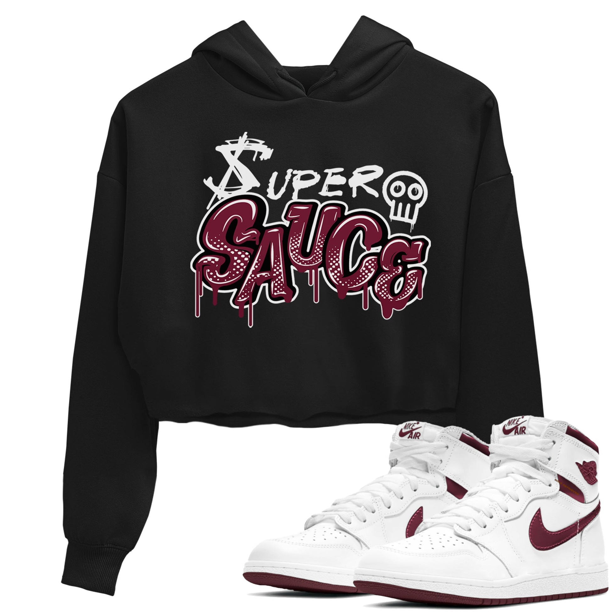 1s Metallic Burgundy shirt to match jordans Super Sauce sneaker tees Air Jordan 1 Metallic Burgundy SNRT Sneaker Release Tees Black 1 crop length shirt