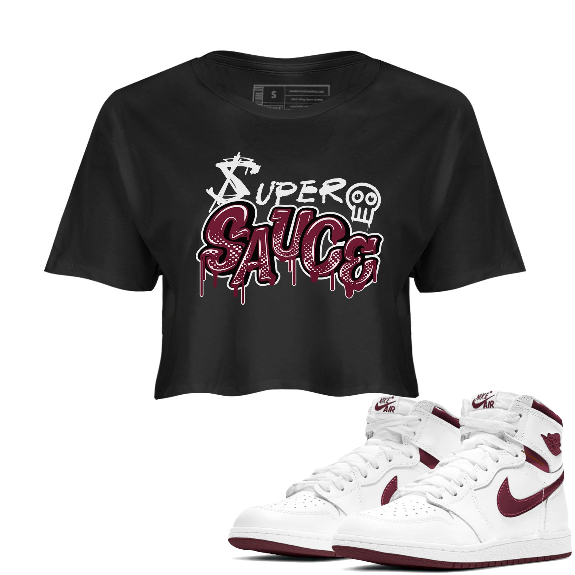 1s Metallic Burgundy shirt to match jordans Super Sauce sneaker tees Air Jordan 1 Metallic Burgundy SNRT Sneaker Release Tees Black 1 crop length shirt