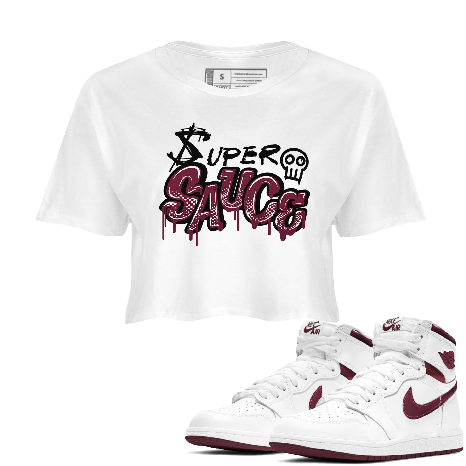 1s Metallic Burgundy shirt to match jordans Super Sauce sneaker tees Air Jordan 1 Metallic Burgundy SNRT Sneaker Release Tees White 1 crop length shirt