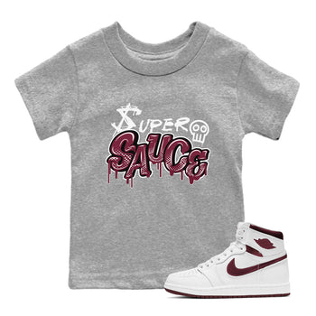 1s Metallic Burgundy shirt to match jordans Super Sauce sneaker tees Air Jordan 1 Metallic Burgundy SNRT sneaker release tees baby toddler Heather Grey 1 cotton Shirt