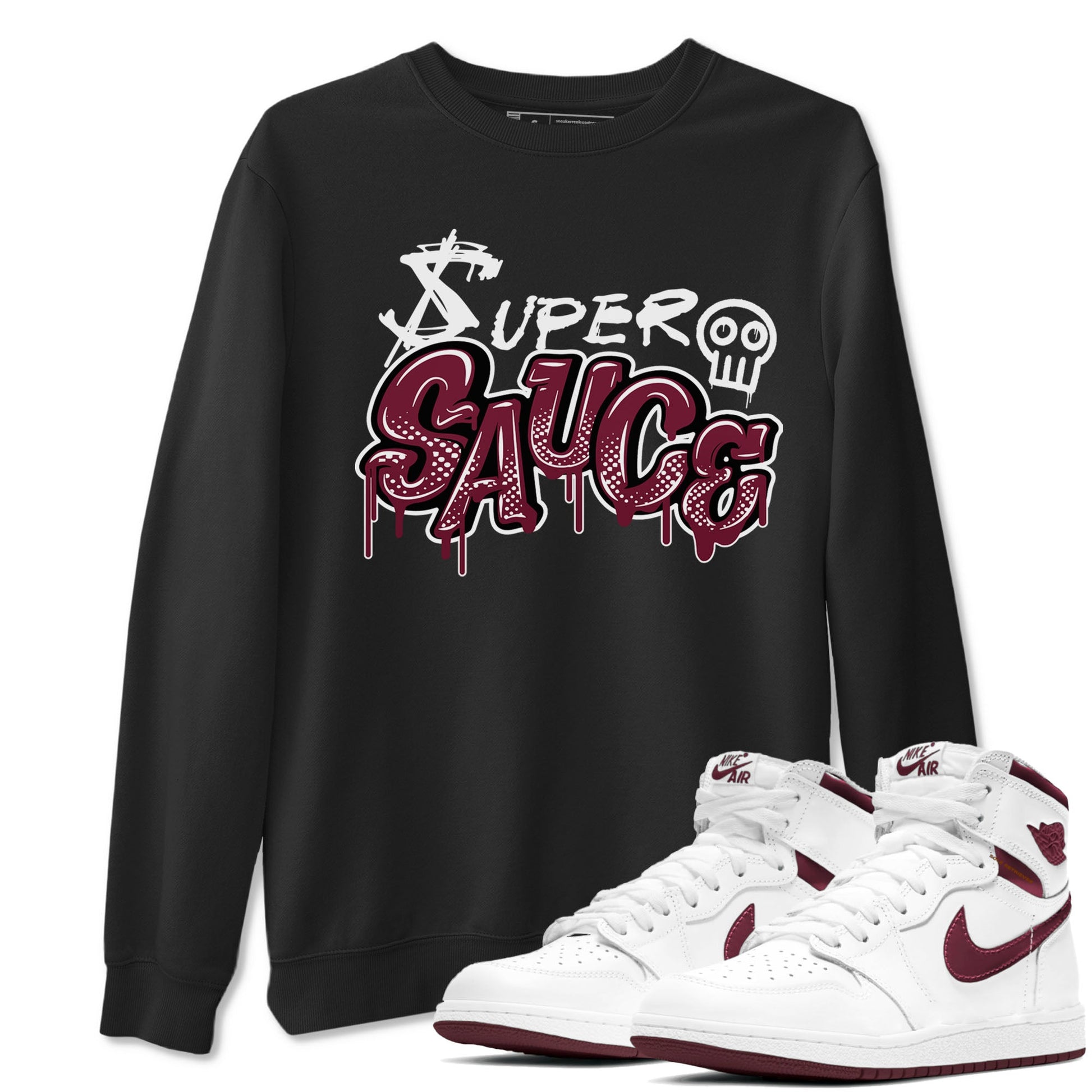 1s Metallic Burgundy shirt to match jordans Super Sauce sneaker tees Air Jordan 1 Metallic Burgundy SNRT Sneaker Release Tees unisex cotton Black 1 crew neck shirt