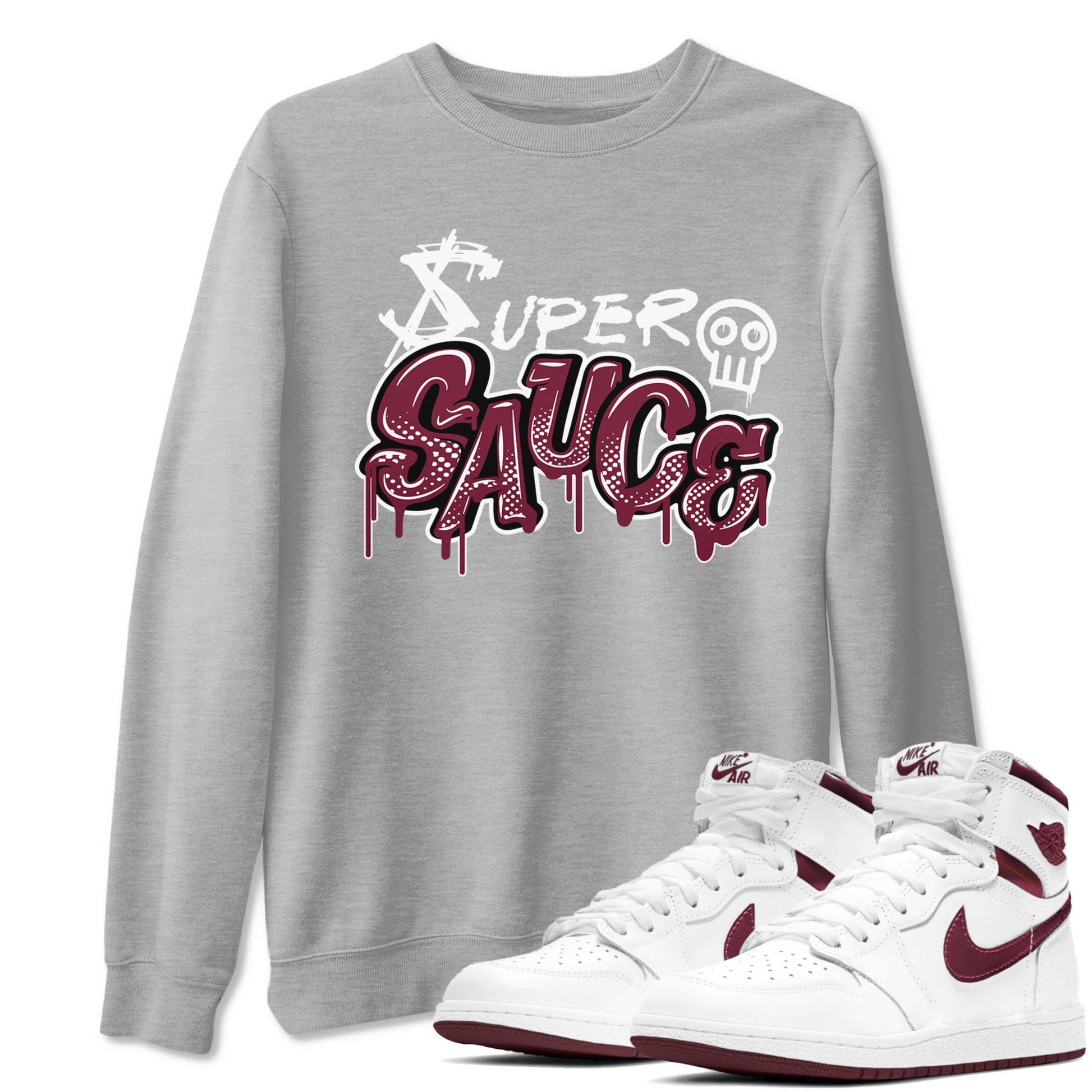 1s Metallic Burgundy shirt to match jordans Super Sauce sneaker tees Air Jordan 1 Metallic Burgundy SNRT Sneaker Release Tees unisex cotton Heather Grey 1 crew neck shirt
