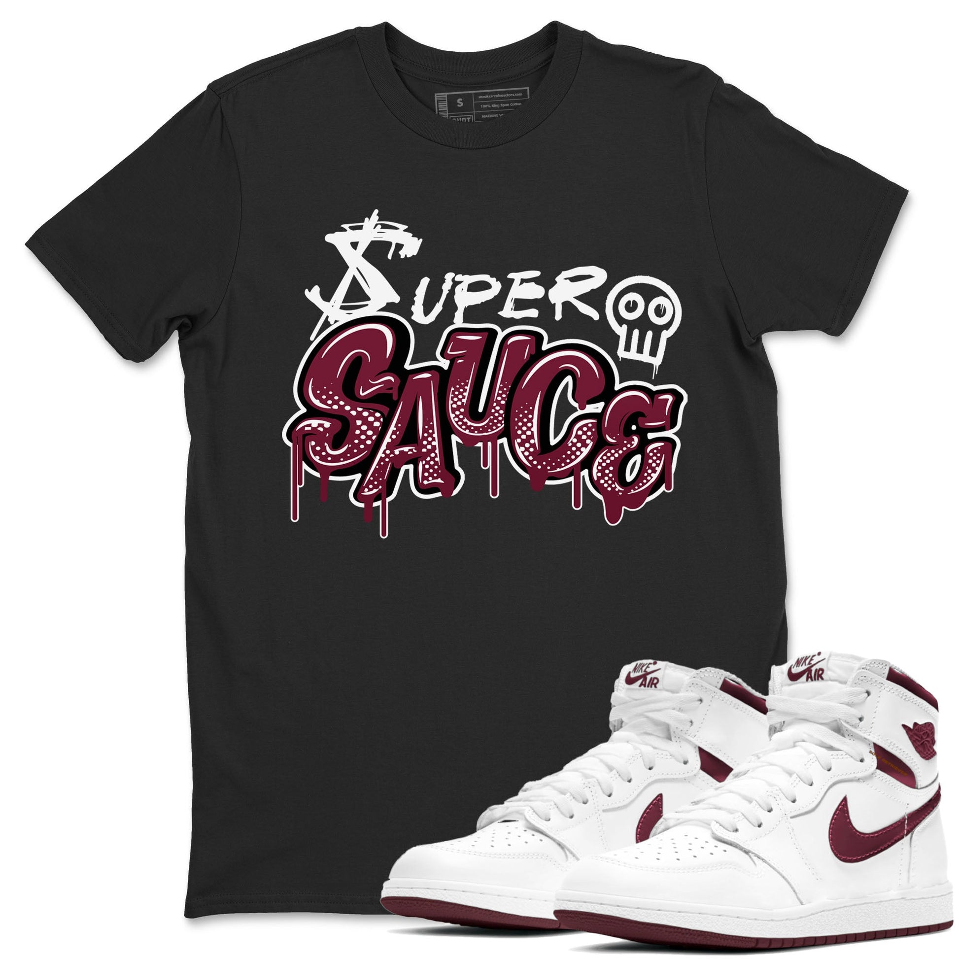1s Metallic Burgundy shirt to match jordans Super Sauce sneaker tees Air Jordan 1 Metallic Burgundy SNRT Sneaker Release Tees unisex cotton Black 1 crew neck shirt
