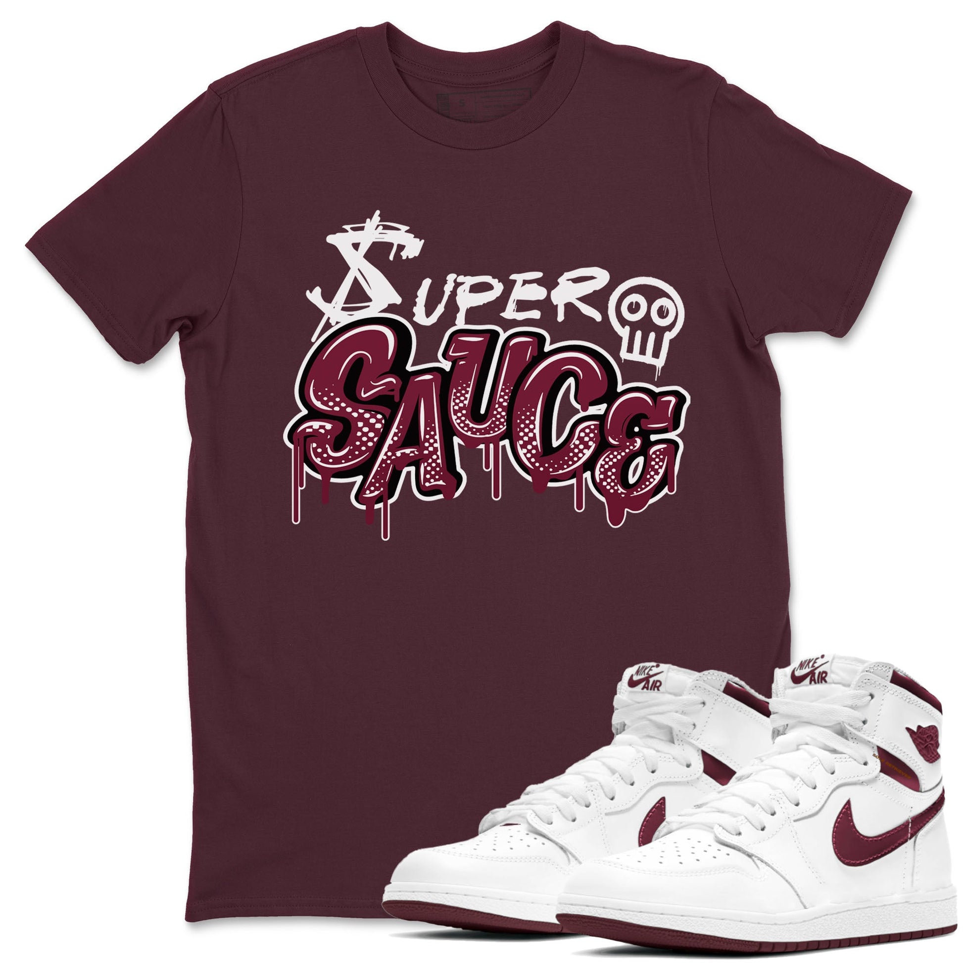 1s Metallic Burgundy shirt to match jordans Super Sauce sneaker tees Air Jordan 1 Metallic Burgundy SNRT Sneaker Release Tees unisex cotton Maroon 1 crew neck shirt