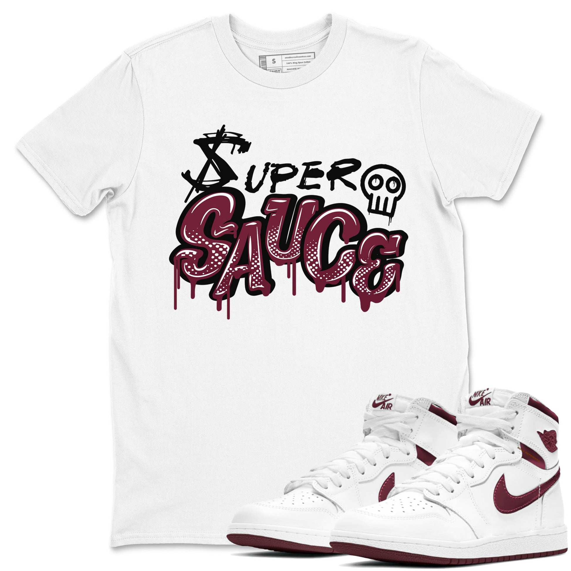 1s Metallic Burgundy shirt to match jordans Super Sauce sneaker tees Air Jordan 1 Metallic Burgundy SNRT Sneaker Release Tees unisex cotton White 1 crew neck shirt