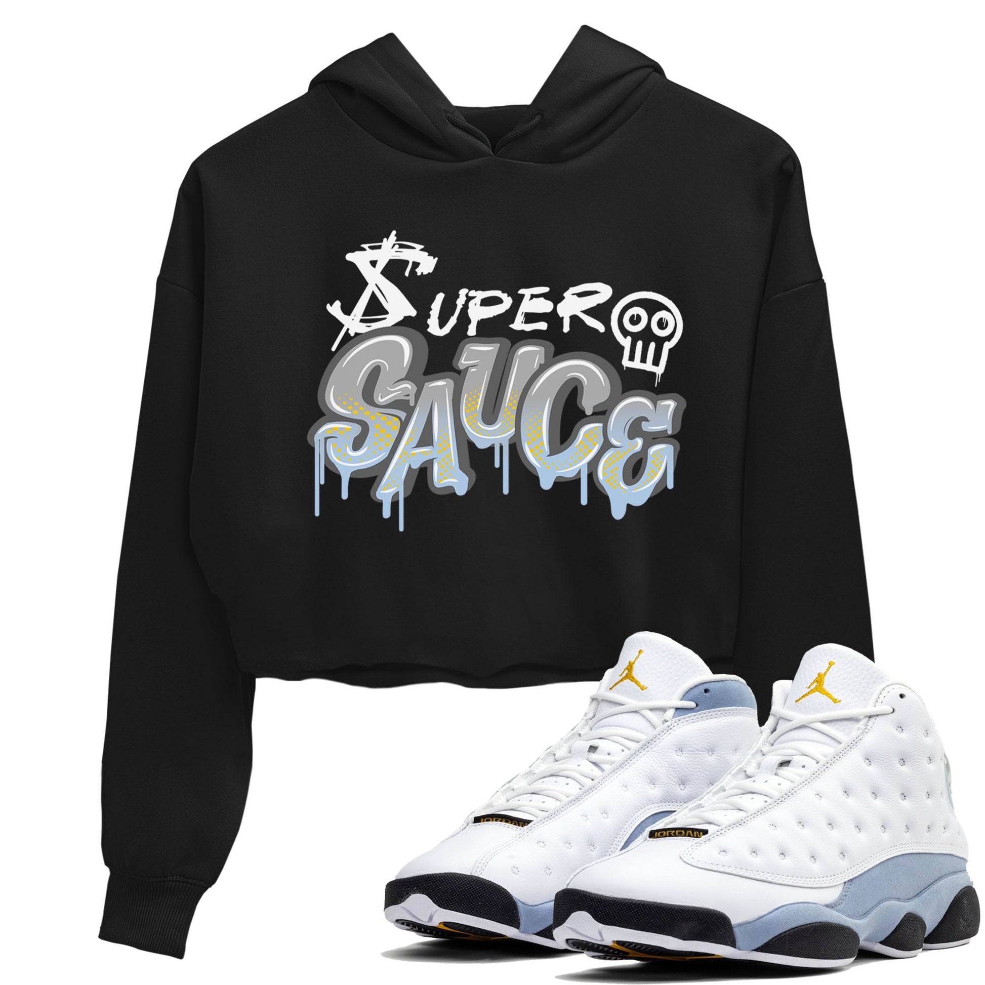 13s Blue Grey shirt to match jordans Super Sauce sneaker tees Air Jordan 13 Blue Grey SNRT Sneaker Release Tees Black 1 crop length shirt
