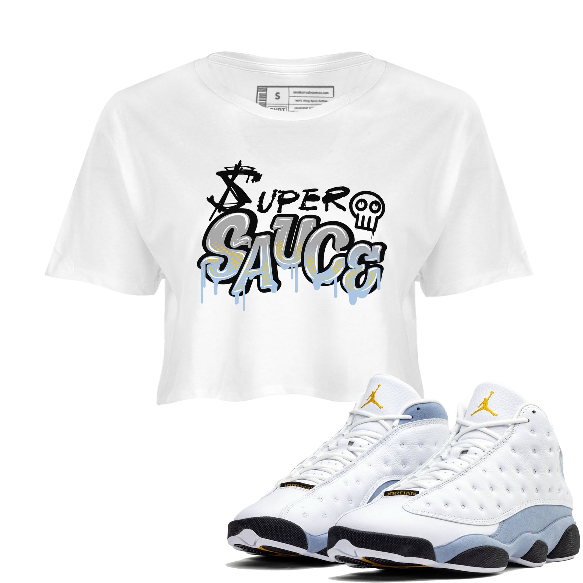 13s Blue Grey shirt to match jordans Super Sauce sneaker tees Air Jordan 13 Blue Grey SNRT Sneaker Release Tees White 1 crop length shirt