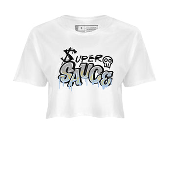 13s Blue Grey shirt to match jordans Super Sauce sneaker tees Air Jordan 13 Blue Grey SNRT Sneaker Release Tees White 2 crop length shirt
