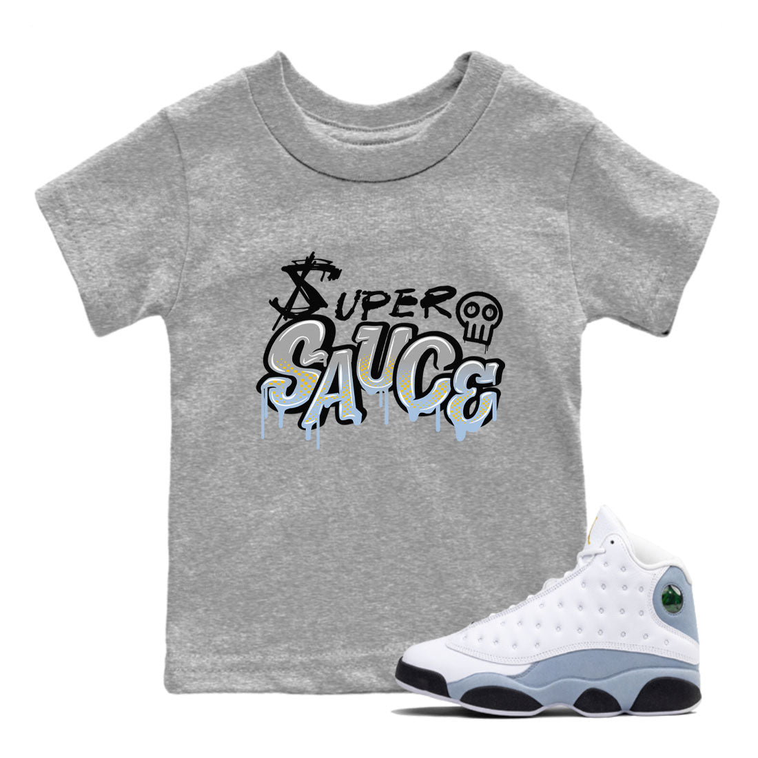 13s Blue Grey shirt to match jordans Super Sauce sneaker tees Air Jordan 13 Blue Grey SNRT sneaker release tees baby toddler Heather Grey 1 cotton Shirt
