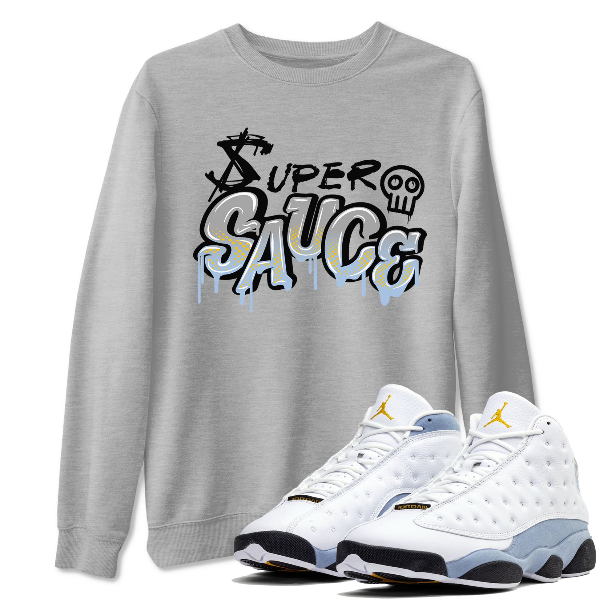 13s Blue Grey shirt to match jordans Super Sauce sneaker tees Air Jordan 13 Blue Grey SNRT Sneaker Release Tees unisex cotton Heather Grey 1 crew neck shirt