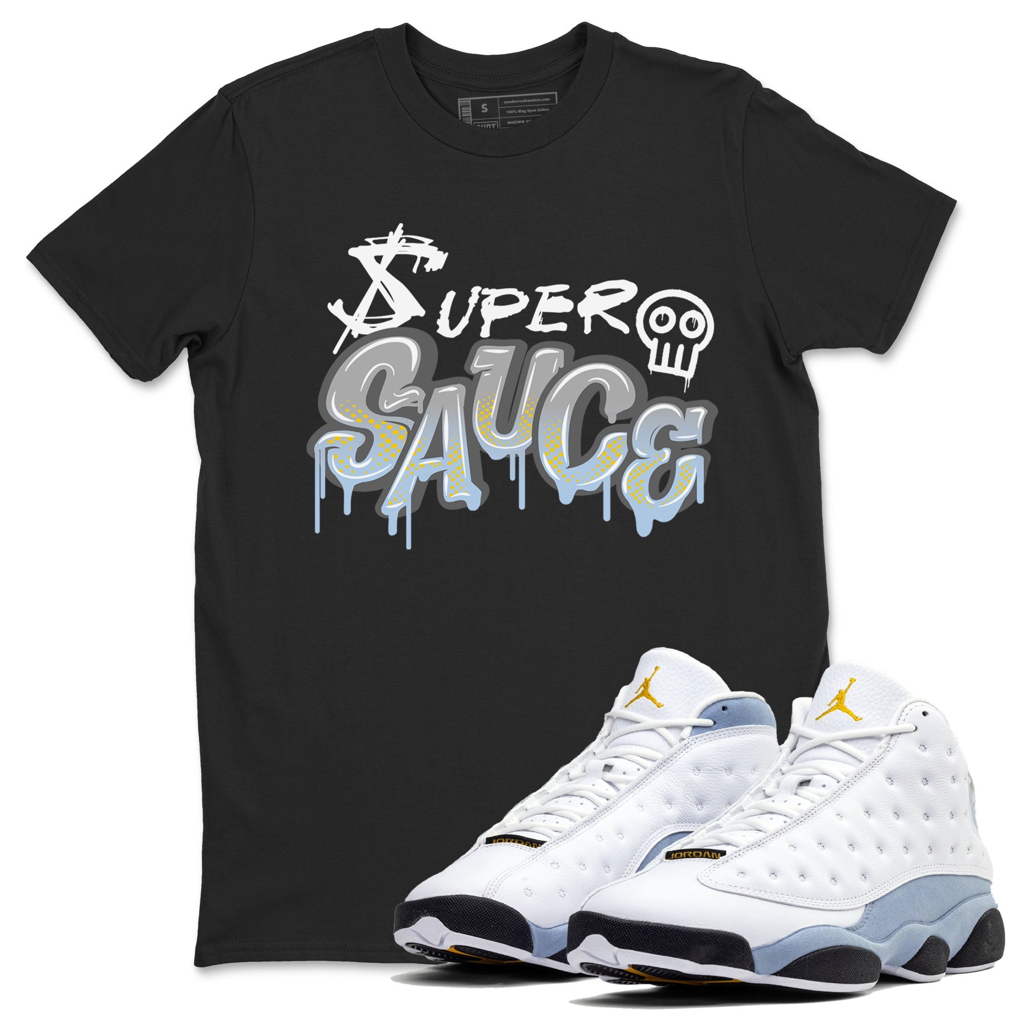 13s Blue Grey shirt to match jordans Super Sauce sneaker tees Air Jordan 13 Blue Grey SNRT Sneaker Release Tees unisex cotton Black 1 crew neck shirt