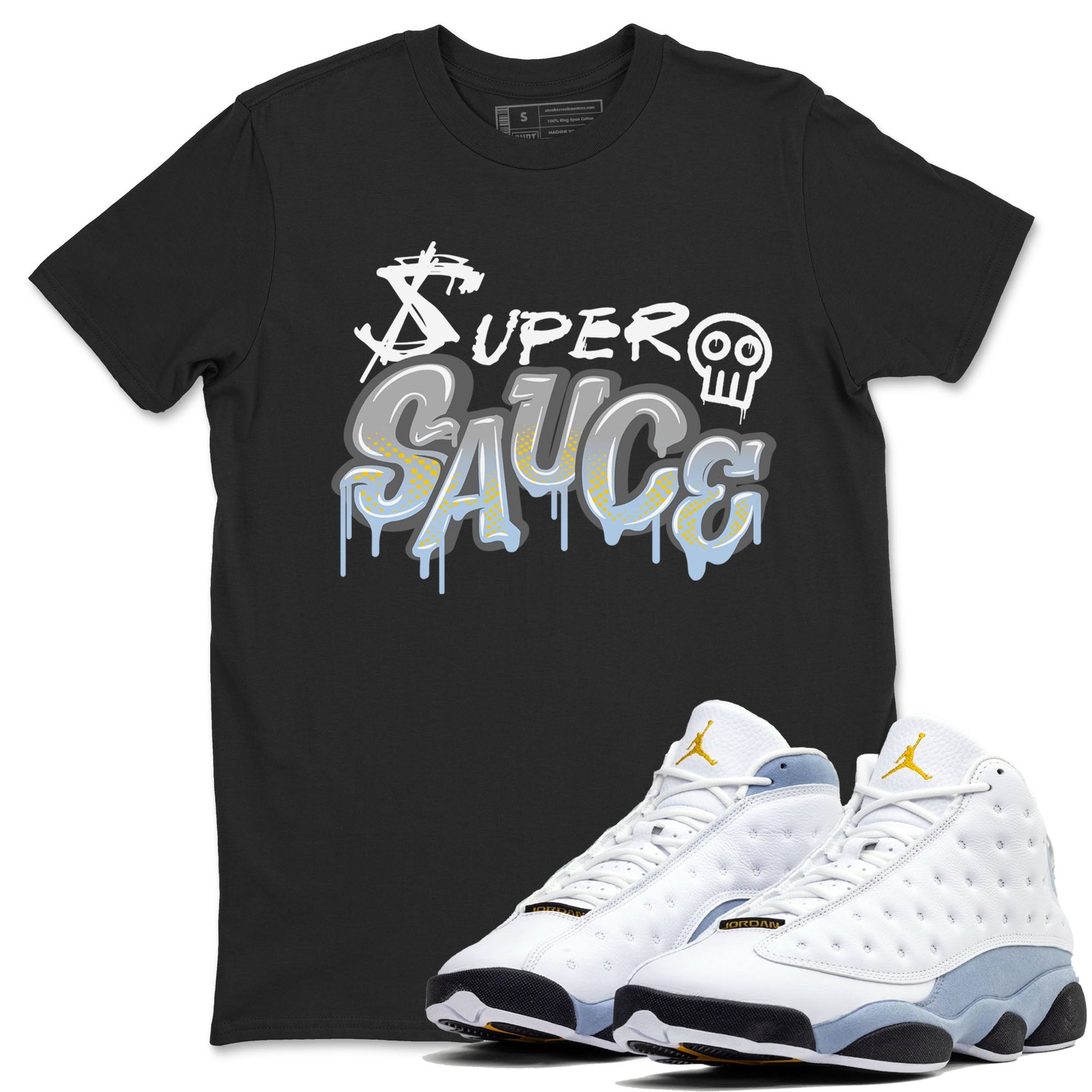 13s Blue Grey shirt to match jordans Super Sauce sneaker tees Air Jordan 13 Blue Grey SNRT Sneaker Release Tees unisex cotton Black 1 crew neck shirt