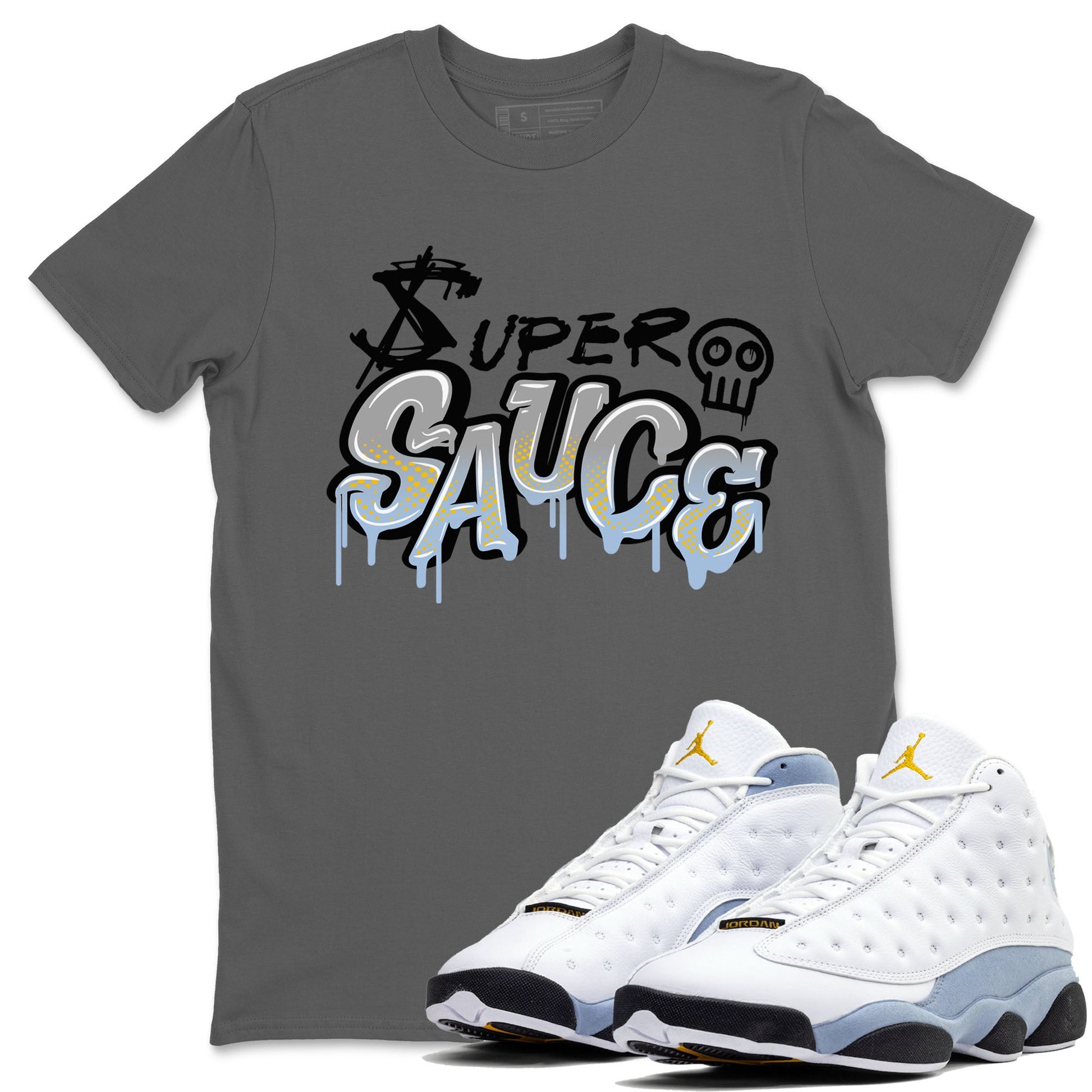 13s Blue Grey shirt to match jordans Super Sauce sneaker tees Air Jordan 13 Blue Grey SNRT Sneaker Release Tees unisex cotton Cool Grey 1 crew neck shirt