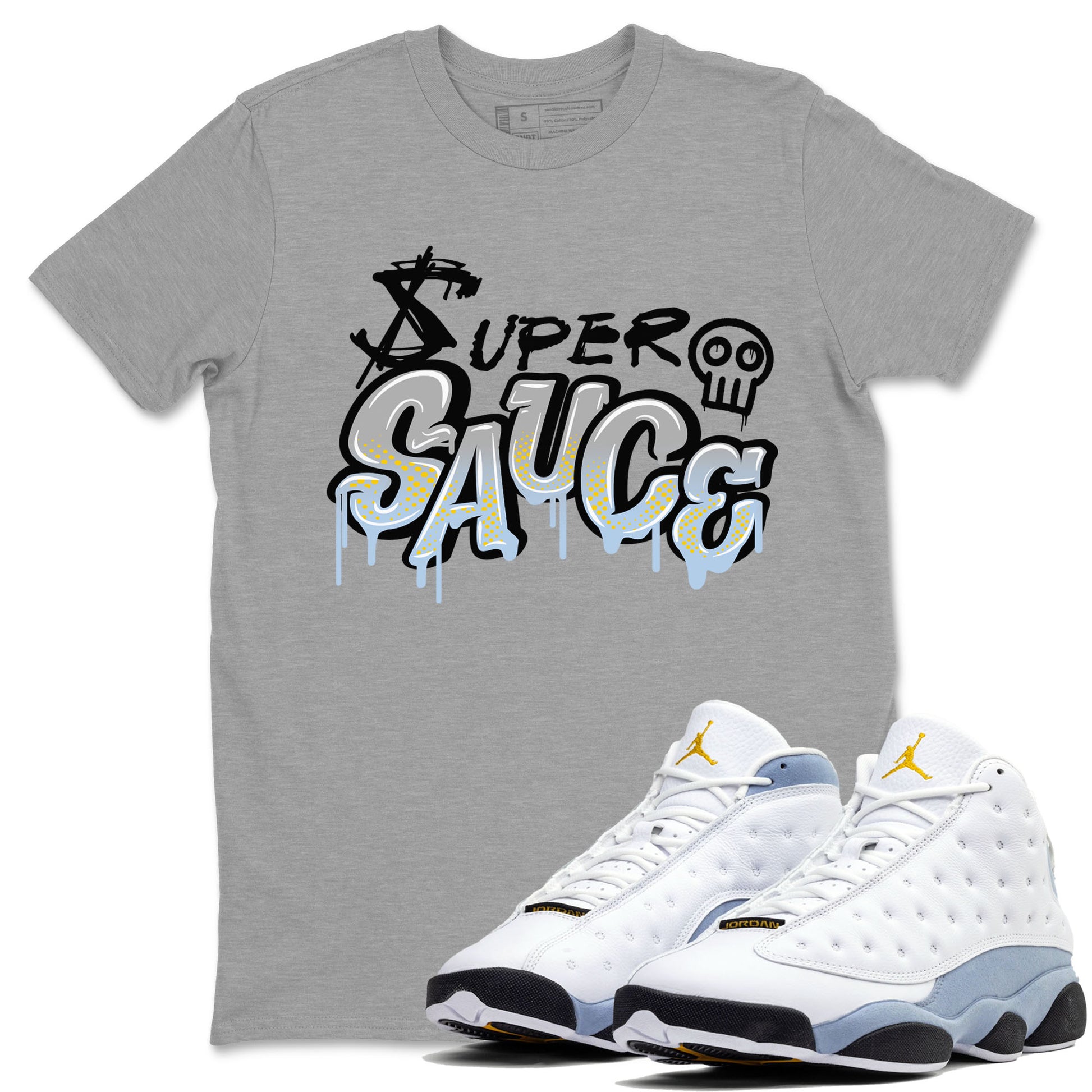 13s Blue Grey shirt to match jordans Super Sauce sneaker tees Air Jordan 13 Blue Grey SNRT Sneaker Release Tees unisex cotton Heather Grey 1 crew neck shirt