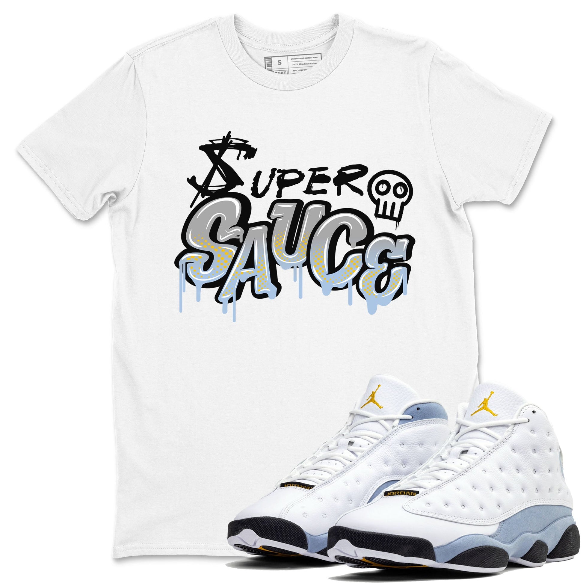 13s Blue Grey shirt to match jordans Super Sauce sneaker tees Air Jordan 13 Blue Grey SNRT Sneaker Release Tees unisex cotton White 1 crew neck shirt