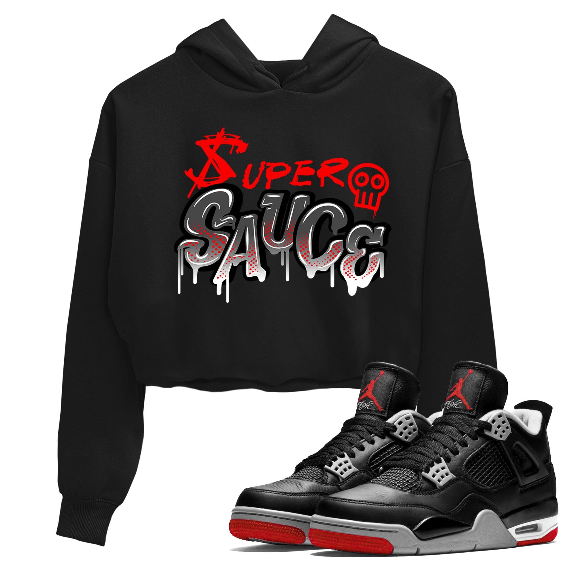 4s Bred Reimagined shirt to match jordans Super Sauce sneaker tees Air Jordan 4 Bred Reimagined SNRT Sneaker Release Tees Black 1 crop length shirt