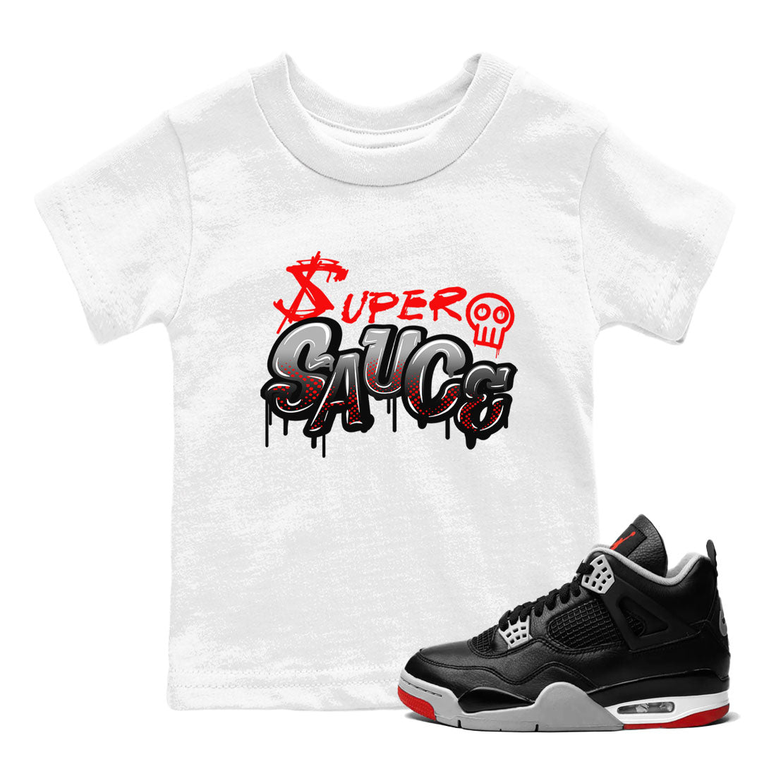 4s Bred Reimagined shirt to match jordans Super Sauce sneaker tees Air Jordan 4 Bred Reimagined SNRT sneaker release tees baby toddler White 1 cotton Shirt