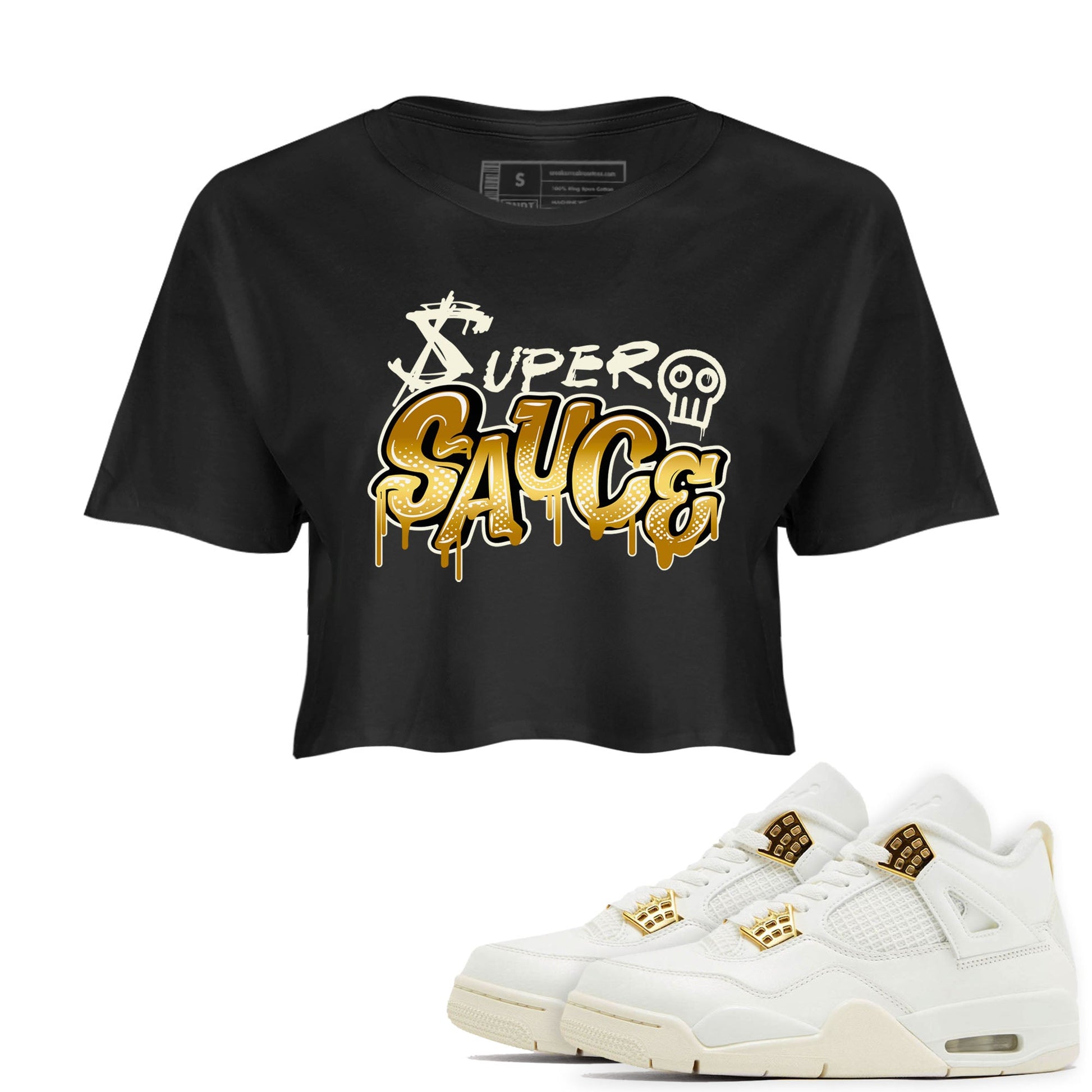 4s Sail shirt to match jordans Super Sauce sneaker tees Air Jordan 4 Sail SNRT 4s Metallic Gold Sneaker Release Tees Black 1 crop length shirt
