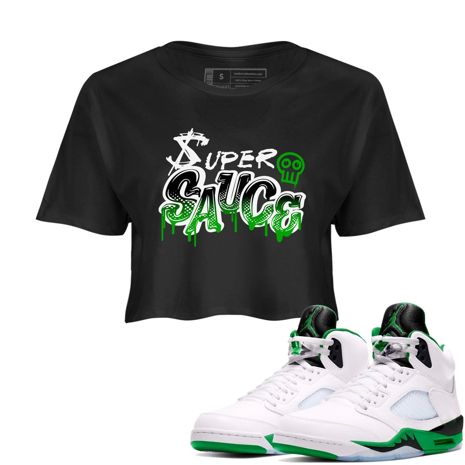 5s Lucky Green shirt to match jordans Super Sauce sneaker tees Air Jordan 5 Lucky Green SNRT Sneaker Release Tees Black 1 crop length shirt
