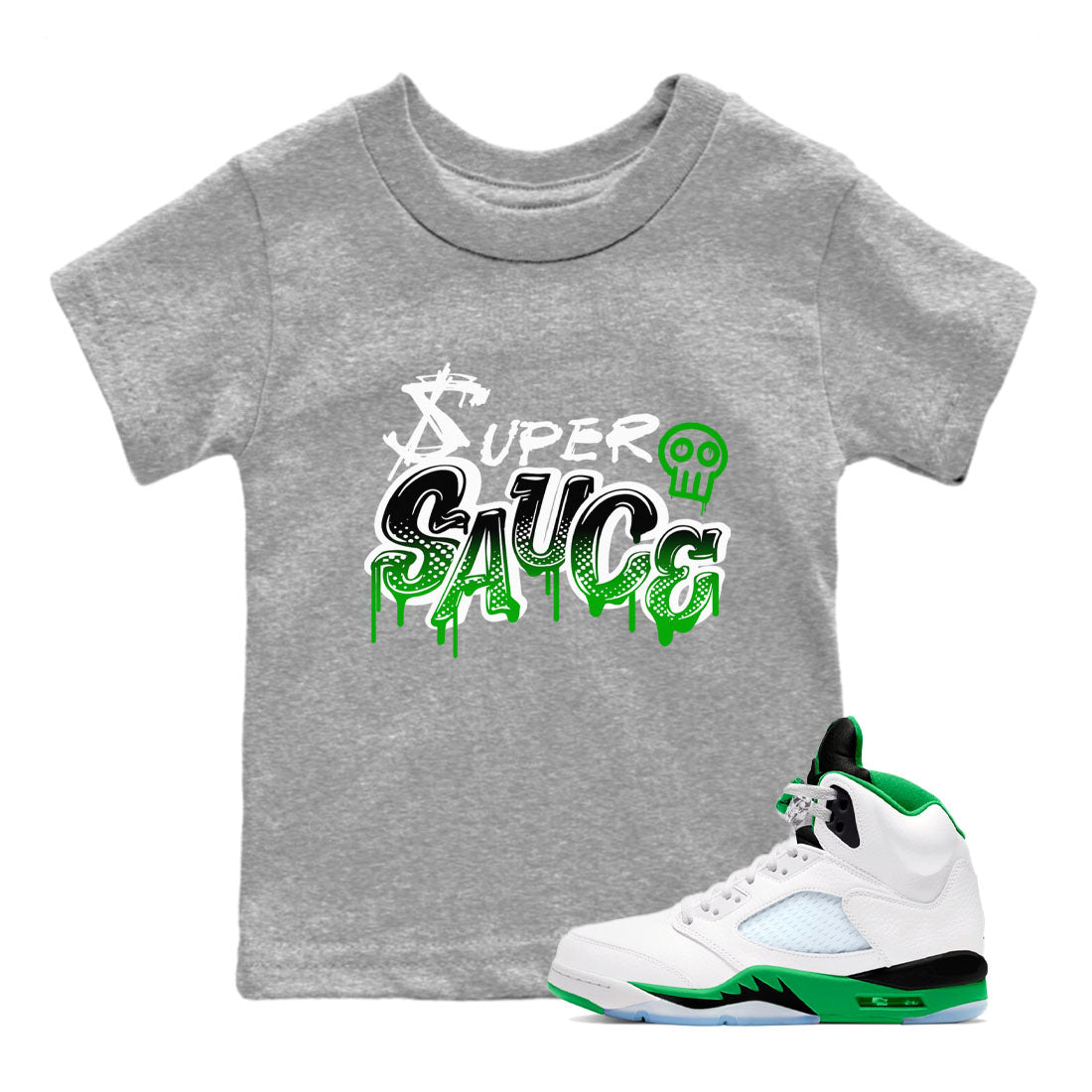 5s Lucky Green shirt to match jordans Super Sauce sneaker tees Air Jordan 5 Lucky Green SNRT sneaker release tees baby toddler Heather Grey 1 cotton Shirt