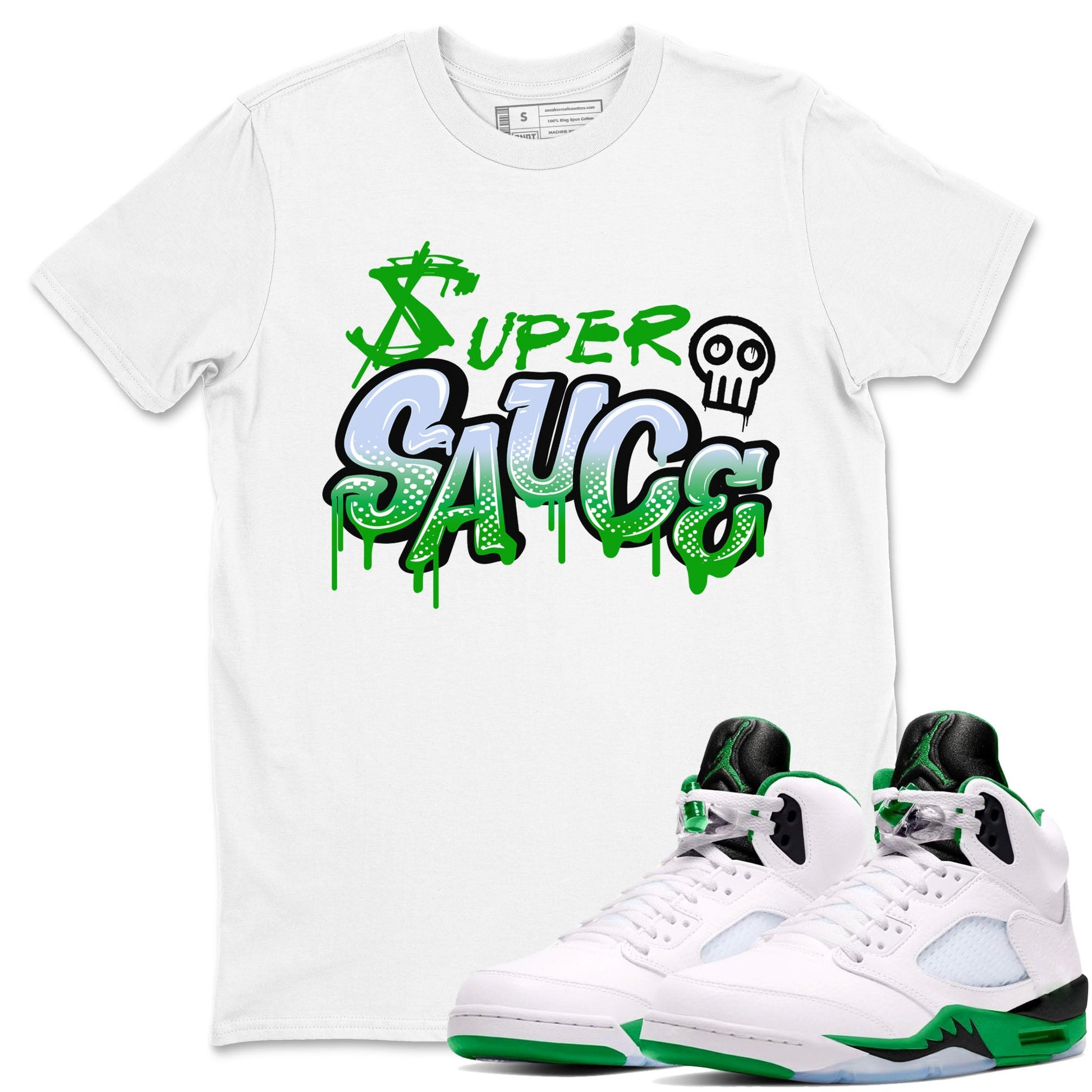 5s Lucky Green shirt to match jordans Super Sauce sneaker tees Air Jordan 5 Lucky Green SNRT Sneaker Release Tees unisex cotton White 1 crew neck shirt