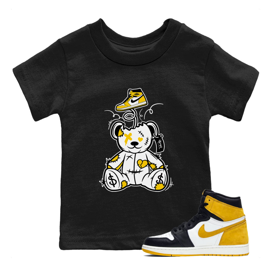 1s Yellow Ochre shirt to match jordans Surprise Teddy Bear sneaker tees streetwear brand Air Jordan 1 High OG Yellow Ochre SNRT sneaker release tees baby toddler Black 1 cotton Shirt