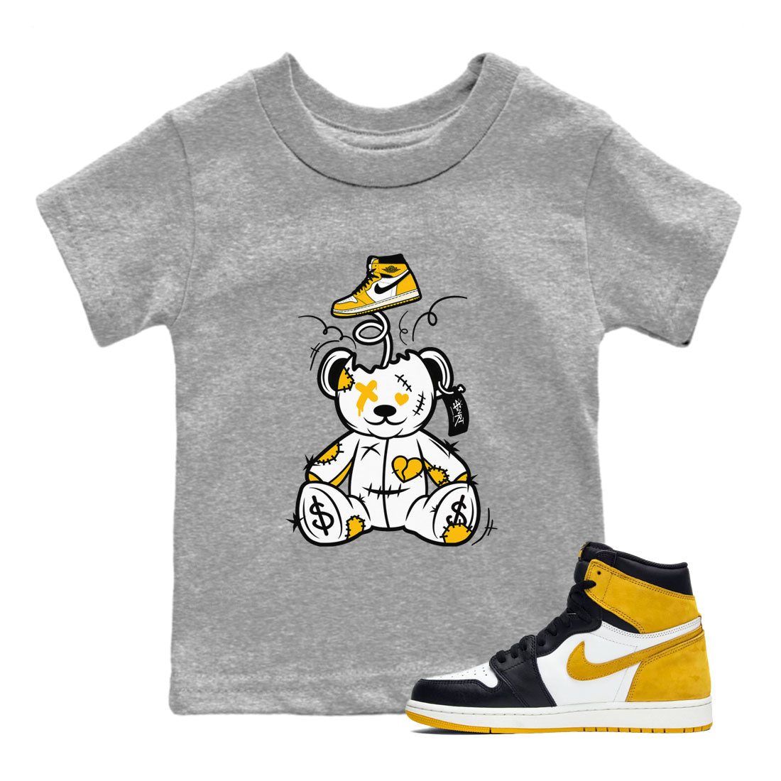 1s Yellow Ochre shirt to match jordans Surprise Teddy Bear sneaker tees streetwear brand Air Jordan 1 High OG Yellow Ochre SNRT sneaker release tees baby toddler Heather Grey 1 cotton Shirt
