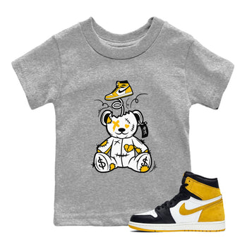 1s Yellow Ochre shirt to match jordans Surprise Teddy Bear sneaker tees streetwear brand Air Jordan 1 High OG Yellow Ochre SNRT sneaker release tees baby toddler Heather Grey 1 cotton Shirt