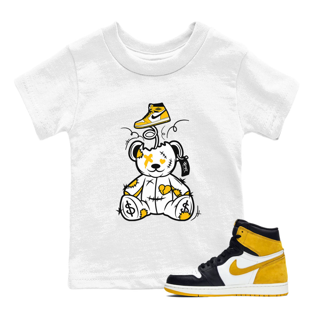 1s Yellow Ochre shirt to match jordans Surprise Teddy Bear sneaker tees streetwear brand Air Jordan 1 High OG Yellow Ochre SNRT sneaker release tees baby toddler White 1 cotton Shirt